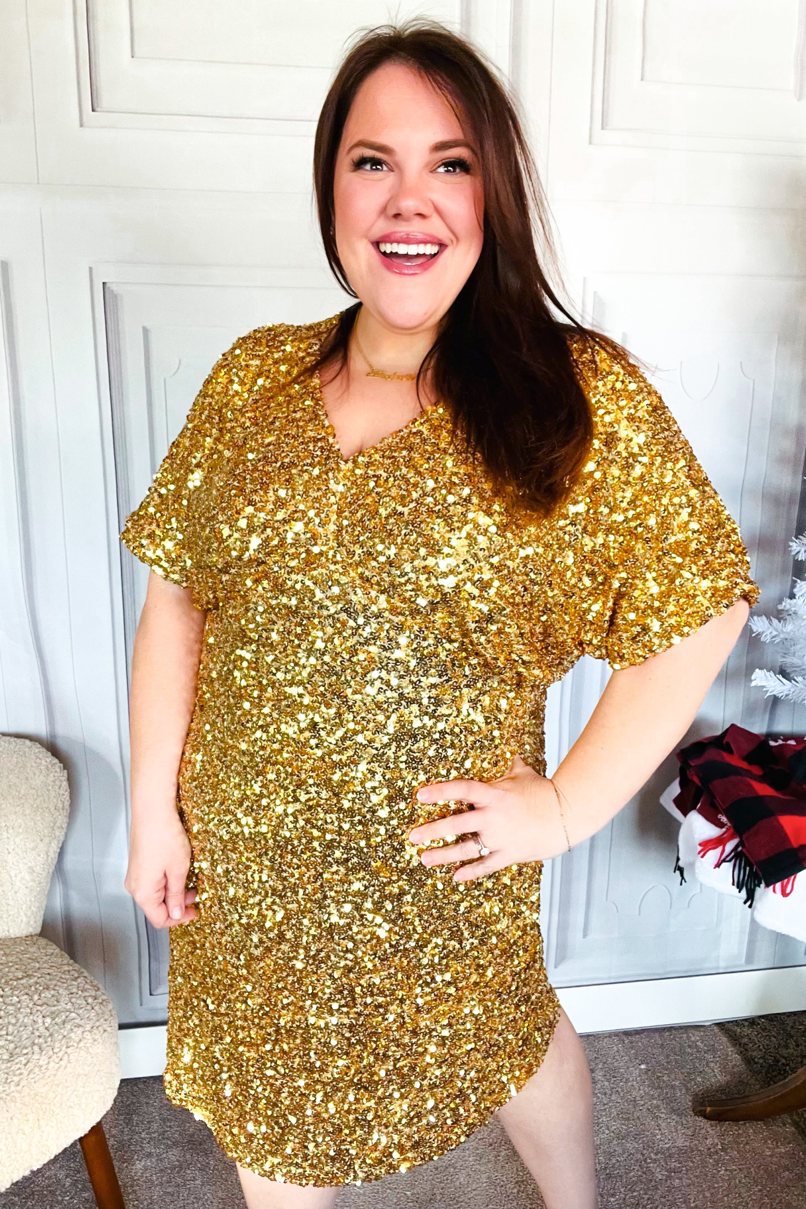 New Year Diva Dolman Gold Sequined Lined Babydoll Dress - Elegant Party Wear for NYE, Cocktail Parties & Special Occasions