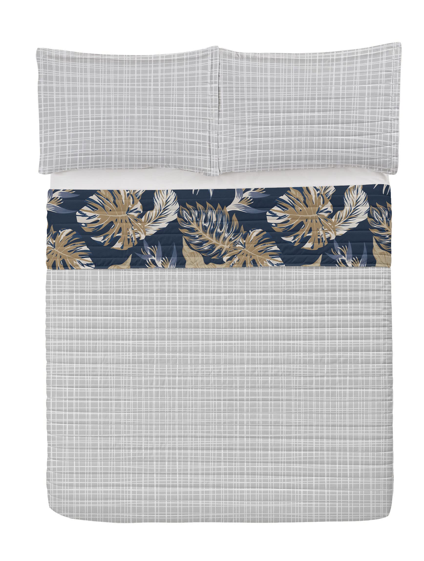 Ambesonne Tropical Reversible King Size Bedspread Set with Pillow Shams - Exotic Rainforest Amazon Foliage Pattern in Dark Night Blue - Microfiber Comforter for Bedroom Decor, Guest Room & Vacation Homes