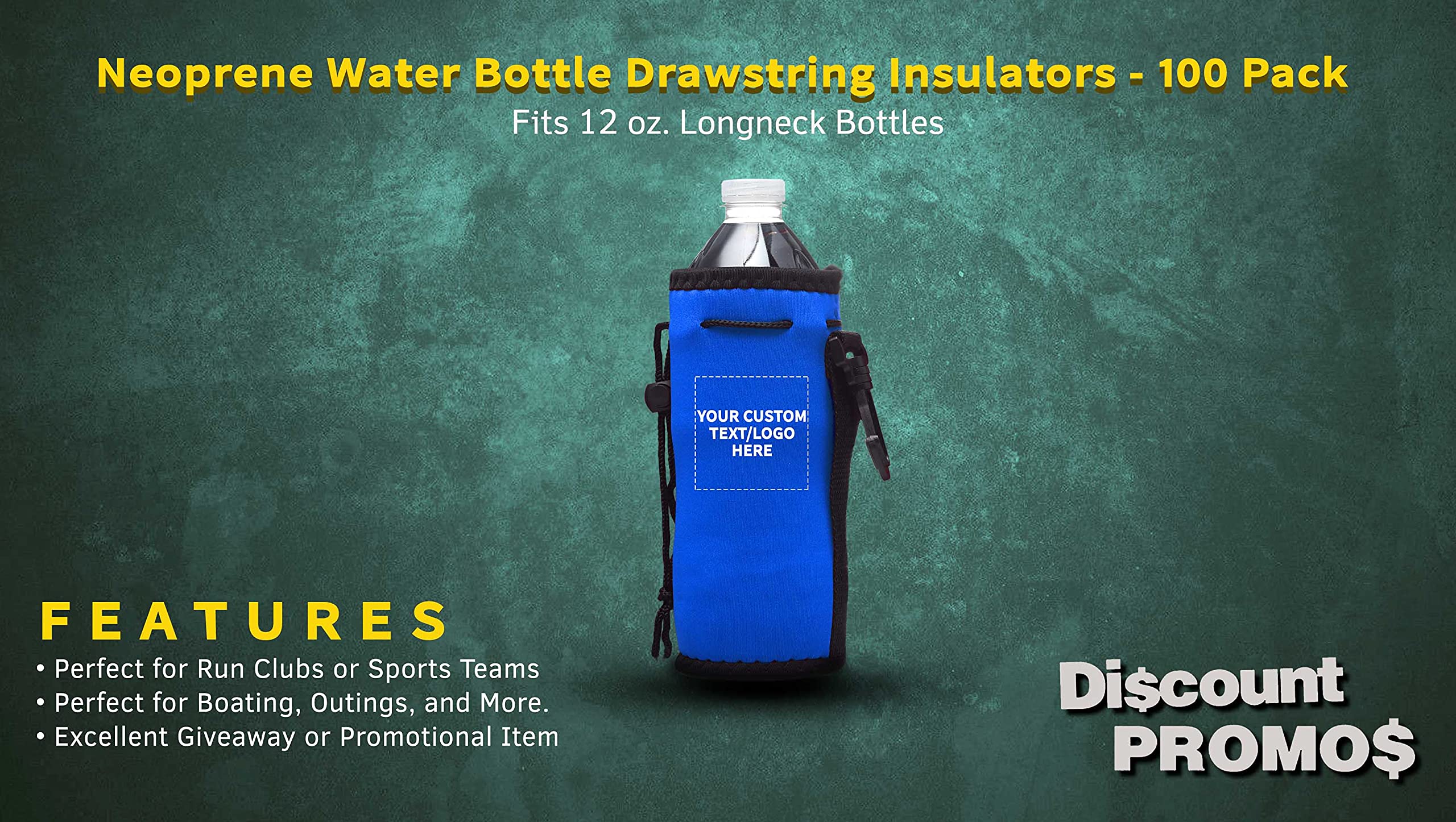 100 Pack Custom Neoprene Water Bottle Insulators with Drawstring - Personalized Text & Logo - 12 oz Longneck Bottle Sleeves with Hook - Royal Blue - Perfect for Parties, Events & Corporate Gifts