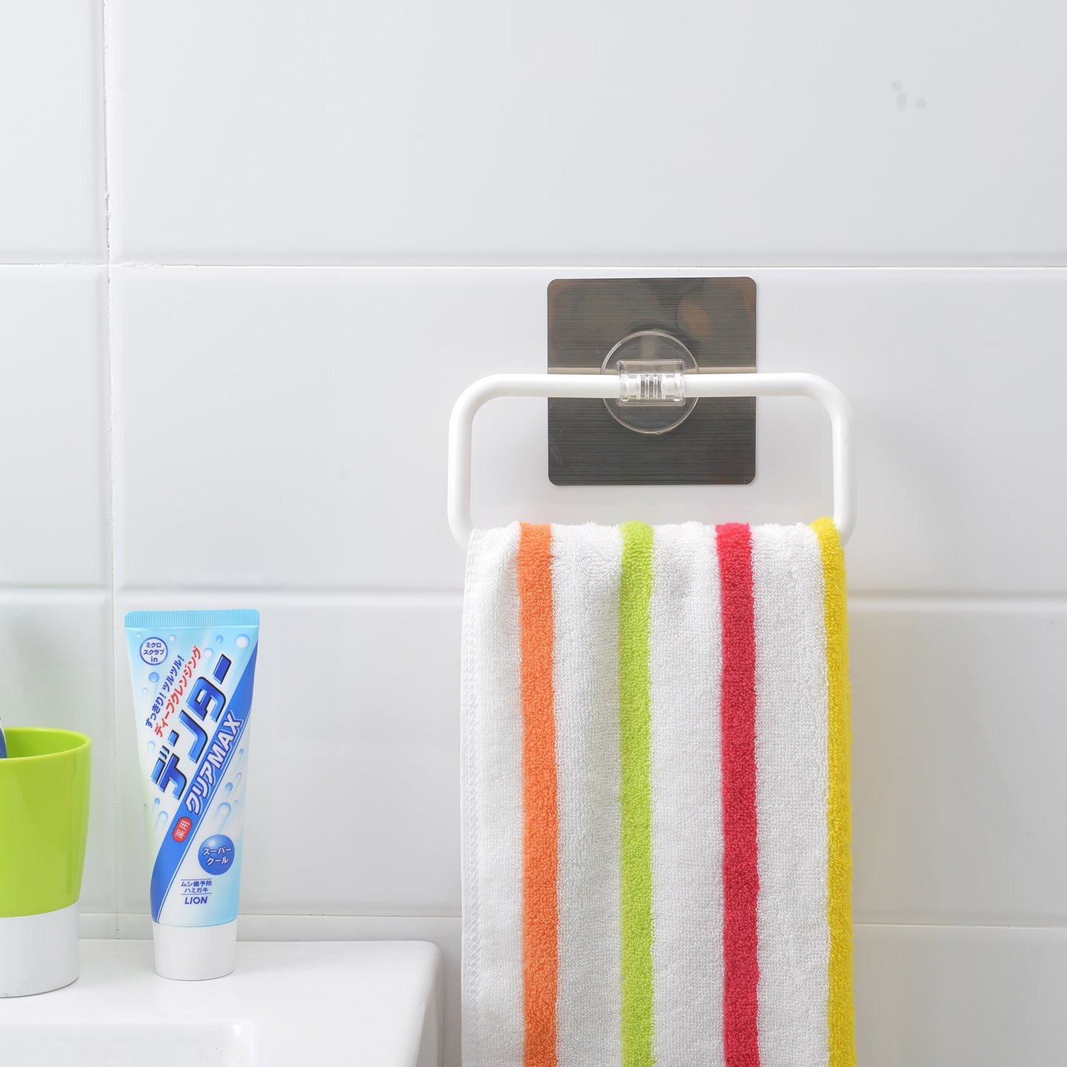HOKIPO Magic Sticker Series Self-Adhesive Plastic Towel Holder Hanger - White | Bathroom & Kitchen Organizer for Towels, Robes & Clothes | No Drill Installation