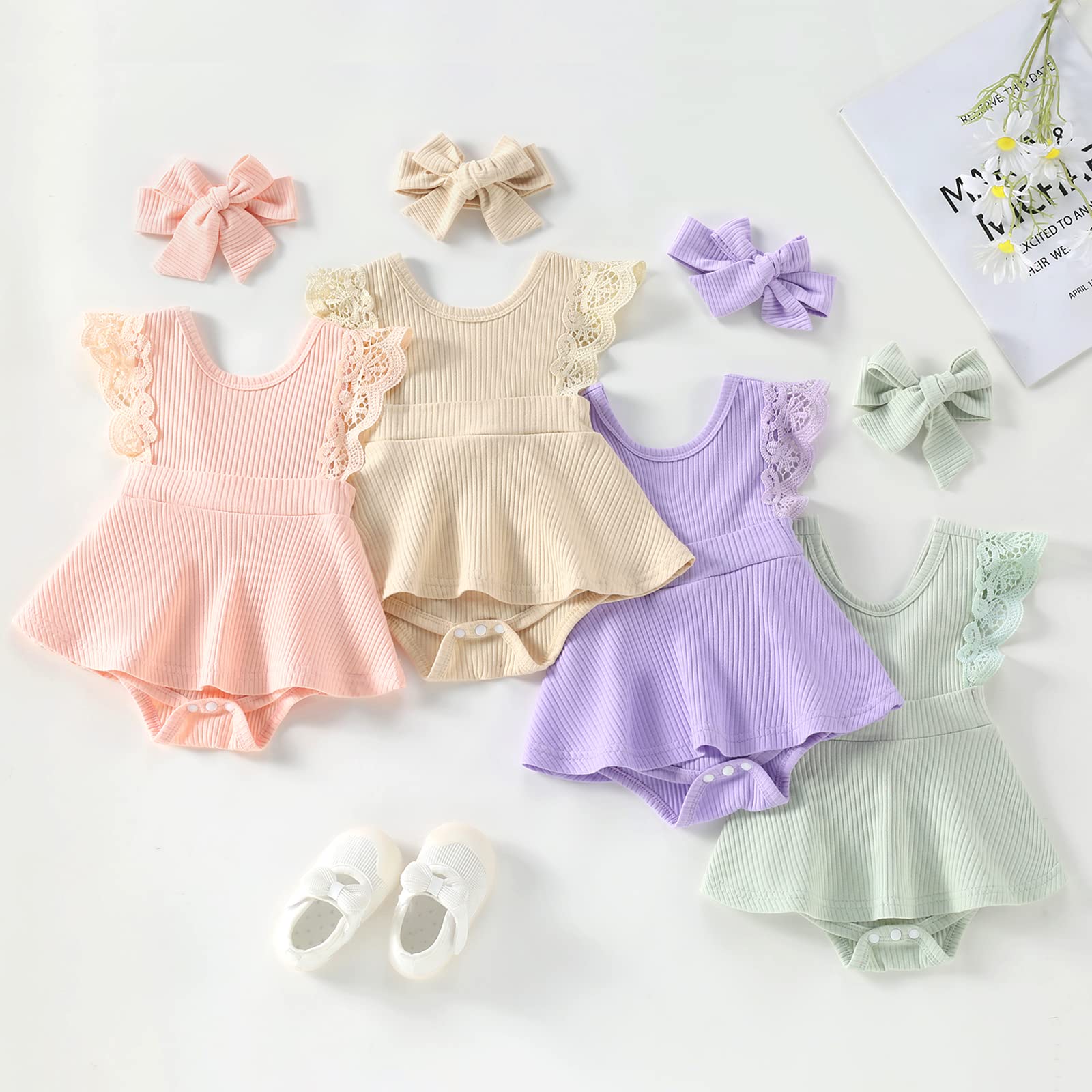 Newborn Baby Girl Clothes - Soft Ribbed Romper Playsuit & Headband Set | Summer One-Piece Dress Outfit for Infants | Perfect for Photoshoots, Parties & Daily Wear