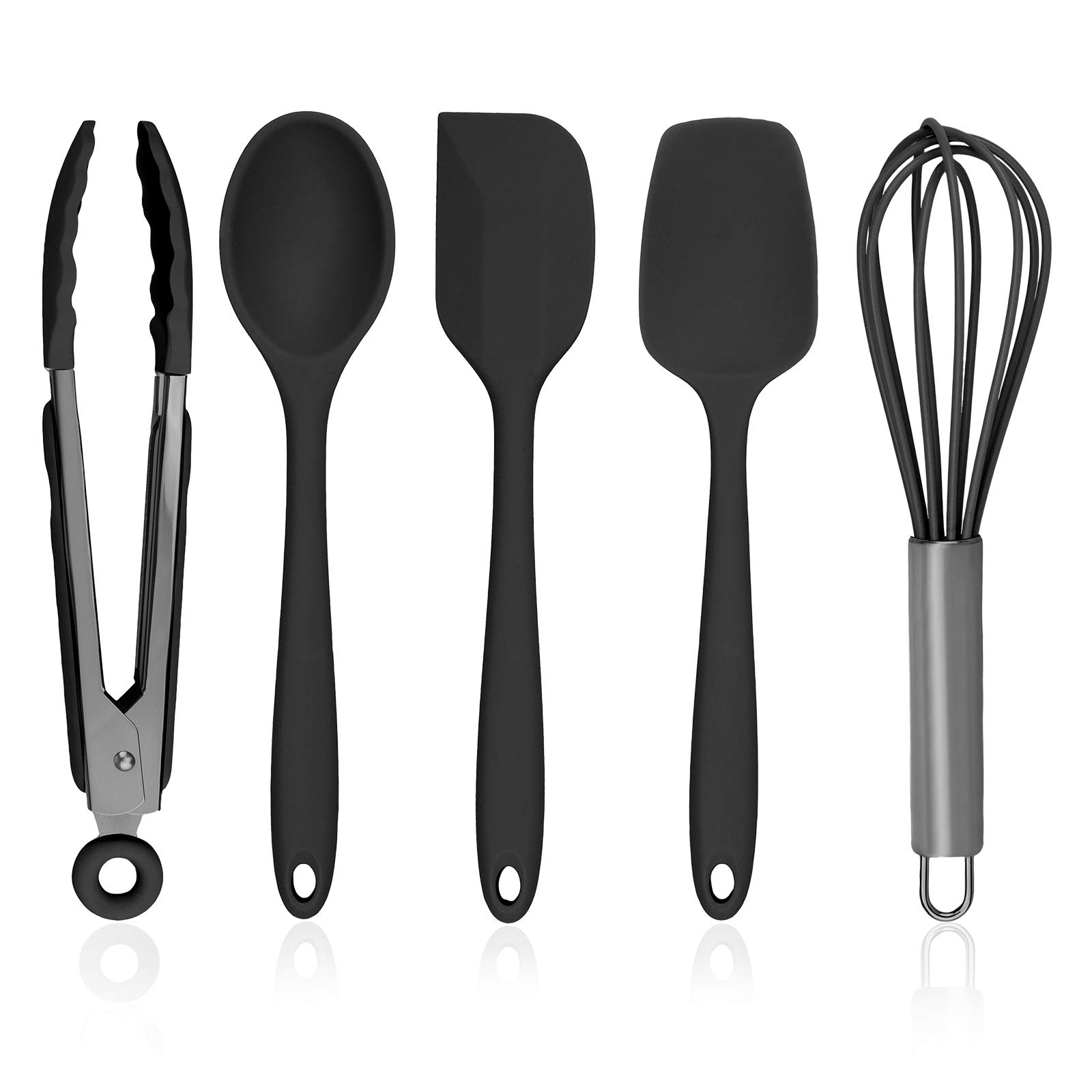 5-Piece Silicone Cooking Utensil Set for Nonstick Cookware - Heat-Resistant Kitchen Tools with Spatula, Spoon & Turner - Easy Clean Black & Gunmetal - Perfect for Baking, Frying & Everyday Cooking