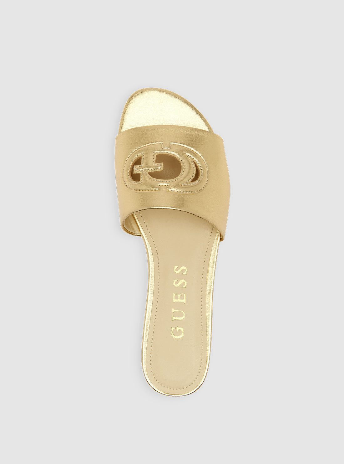 Gold Tashia Cutout Logo Slides - Comfortable Summer Sandals for Women - Perfect for Beach, Pool, and Casual Outings