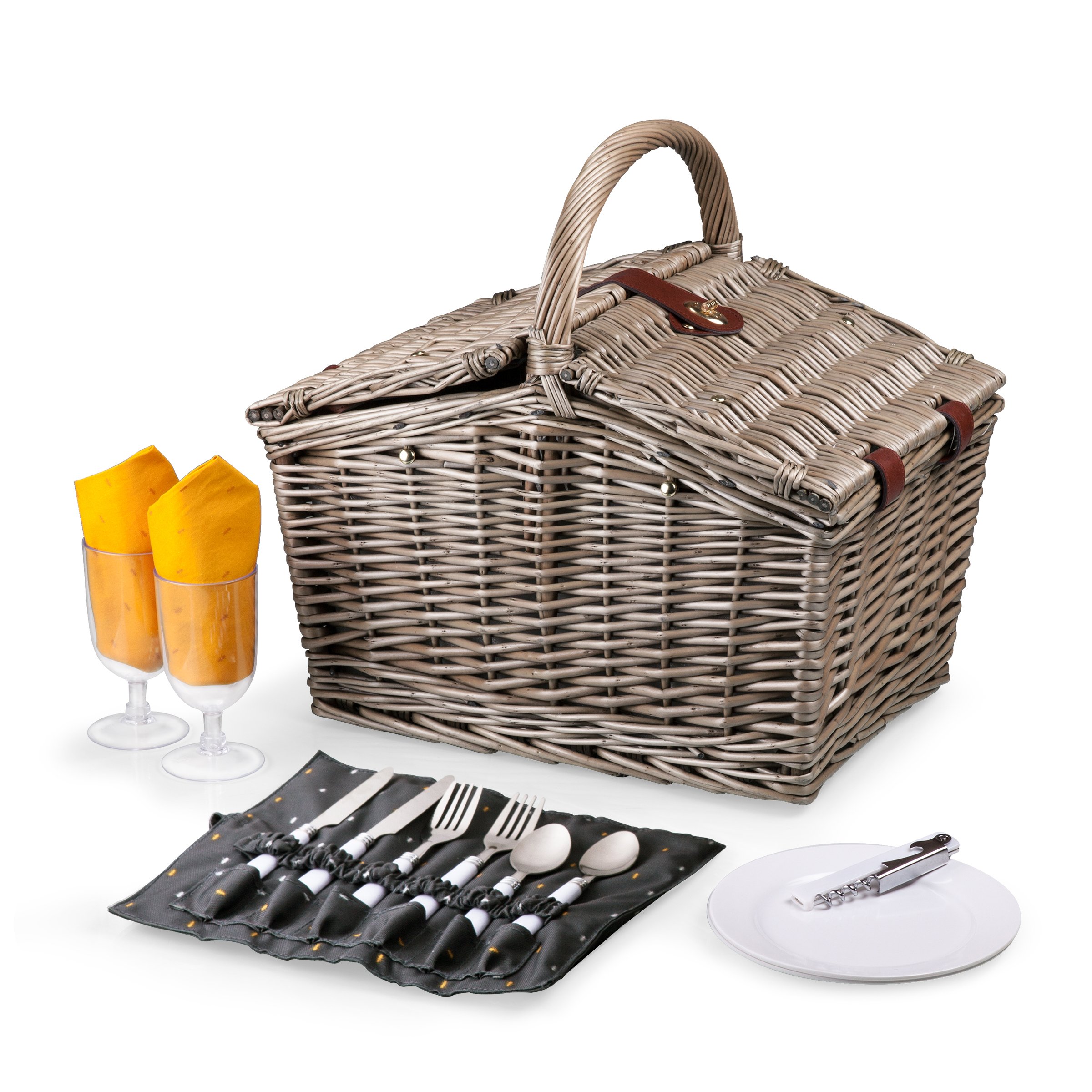 Romantic Picnic Basket for 2 with Complete Picnic Set - Includes Utensils, Wine Glasses, Plates & Opener | Gray & Gold Anthology Collection | Perfect for Outdoor Dates, Beach Picnics & Anniversary Gifts