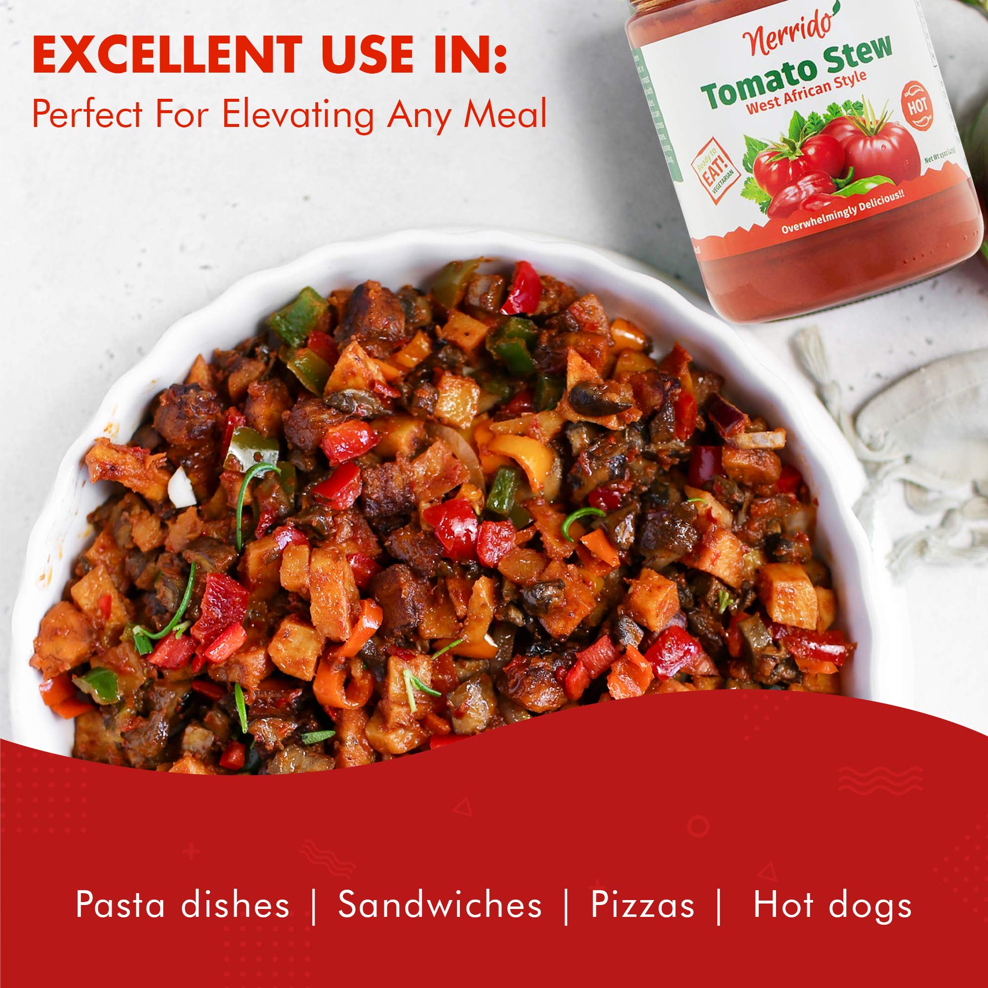 Nerrido African Style Hot Pasta Sauce - Canned Tomato Stew & Jollof Rice Red Sauce with Vegetables and Spices, 16oz (454g) 4-Pack | Perfect for Pasta, Rice Dishes, and African Cuisine