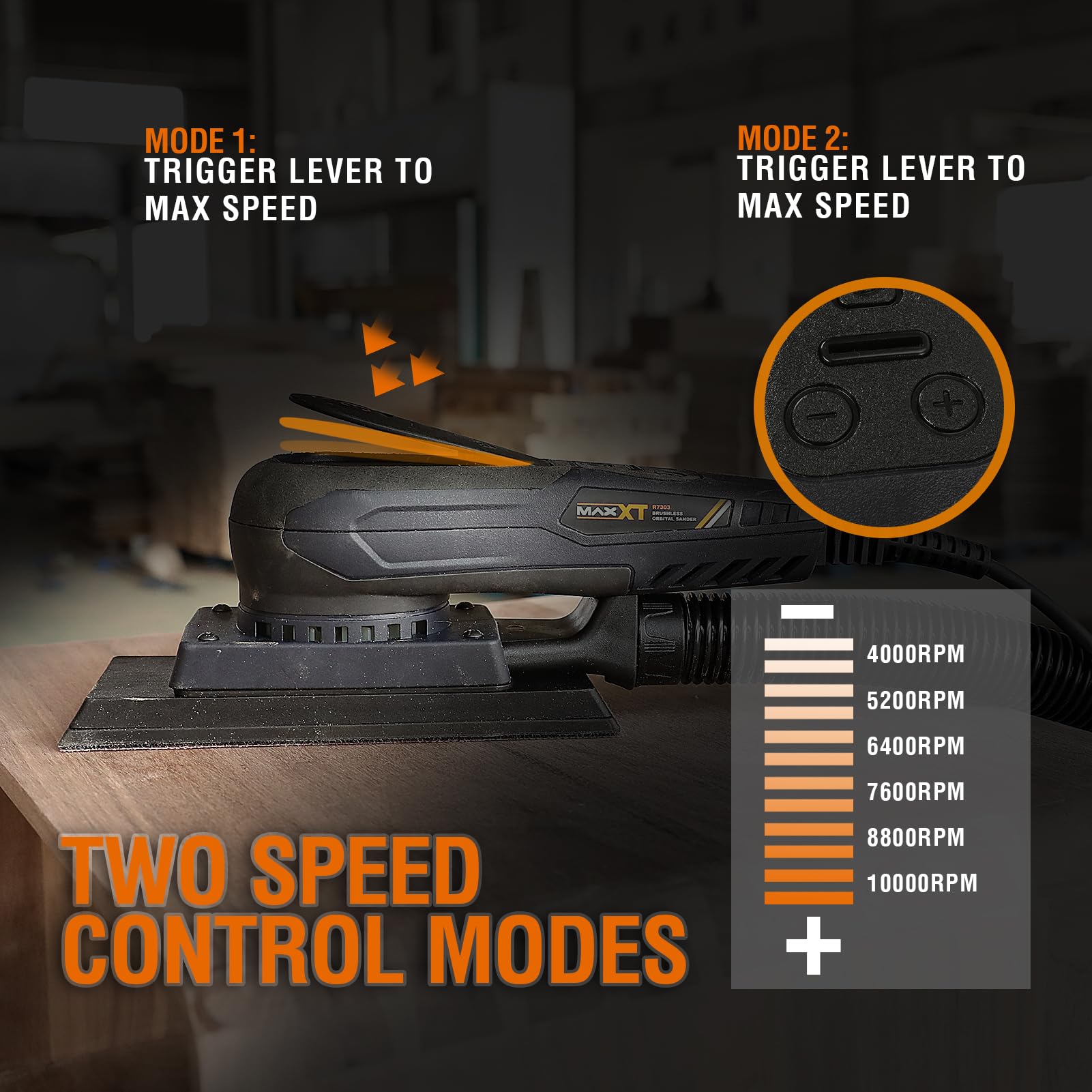 MAXXT 350W Brushless Electric Sheet Sander - 3mm Orbital, 10000RPM Variable Speed, 3A Multi-Function Corded Palm Sander with 10 Sanding Papers - Perfect for Woodworking, Furniture Refinishing & DIY Home Projects