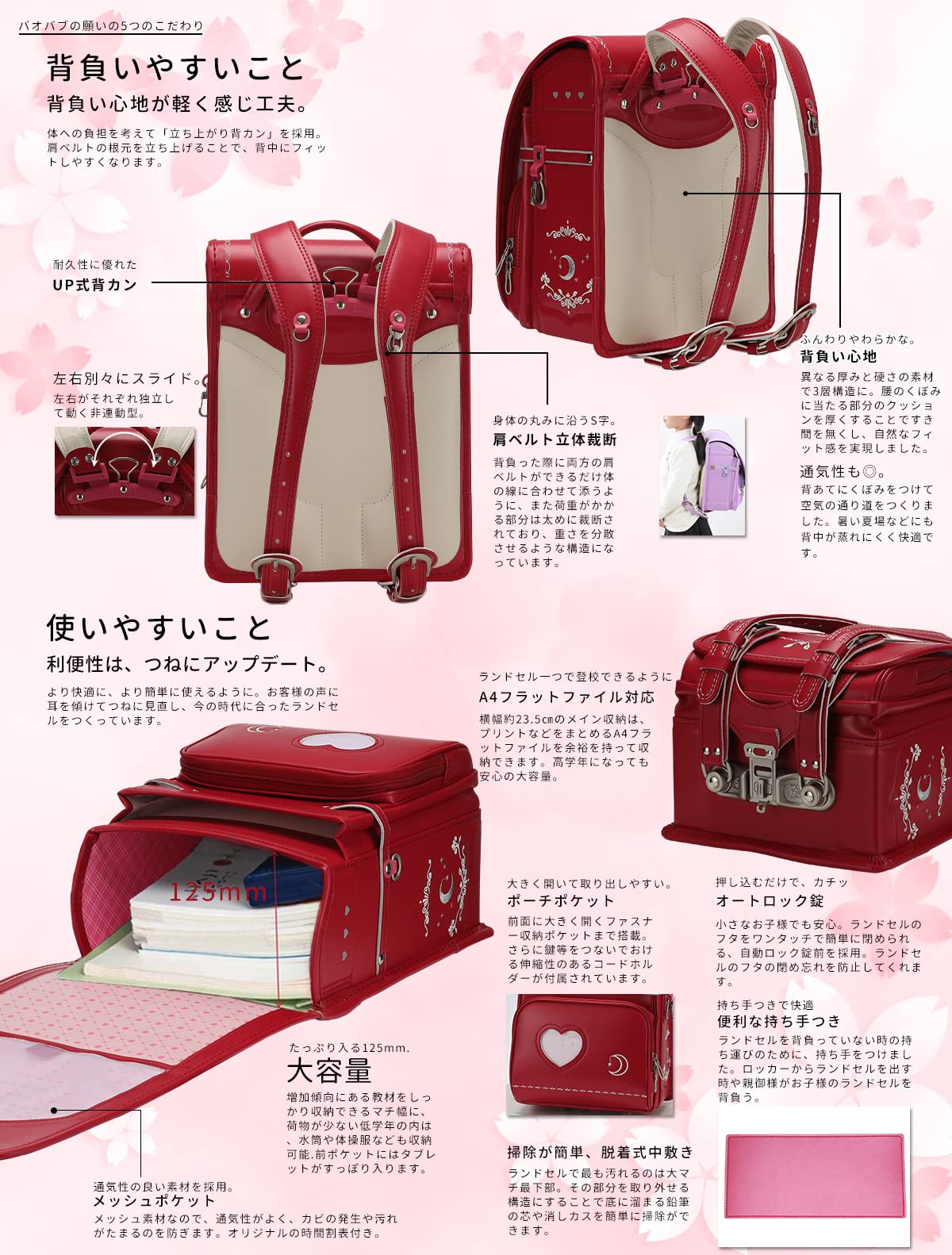 Baobab's Wish Japanese School Backpack for Kids - PU Leather Randoseru Ransel Semi-Automatic Satchel Bag for Boys & Girls (Red) - Perfect for Elementary Students, Daily Use & Travel Accessories