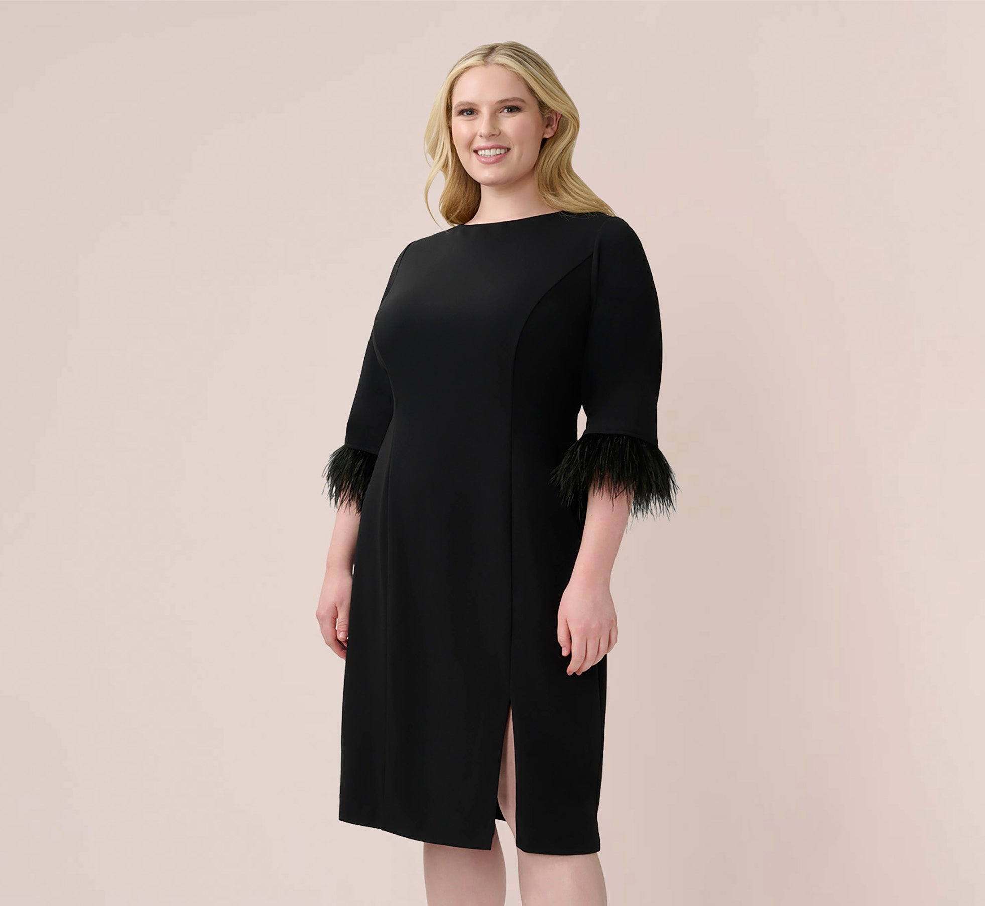Plus Size Black Crepe Sheath Dress with V-Back & Feather Trim Sleeves | Elegant Evening Wear for Women | Perfect for Parties, Weddings & Special Occasions