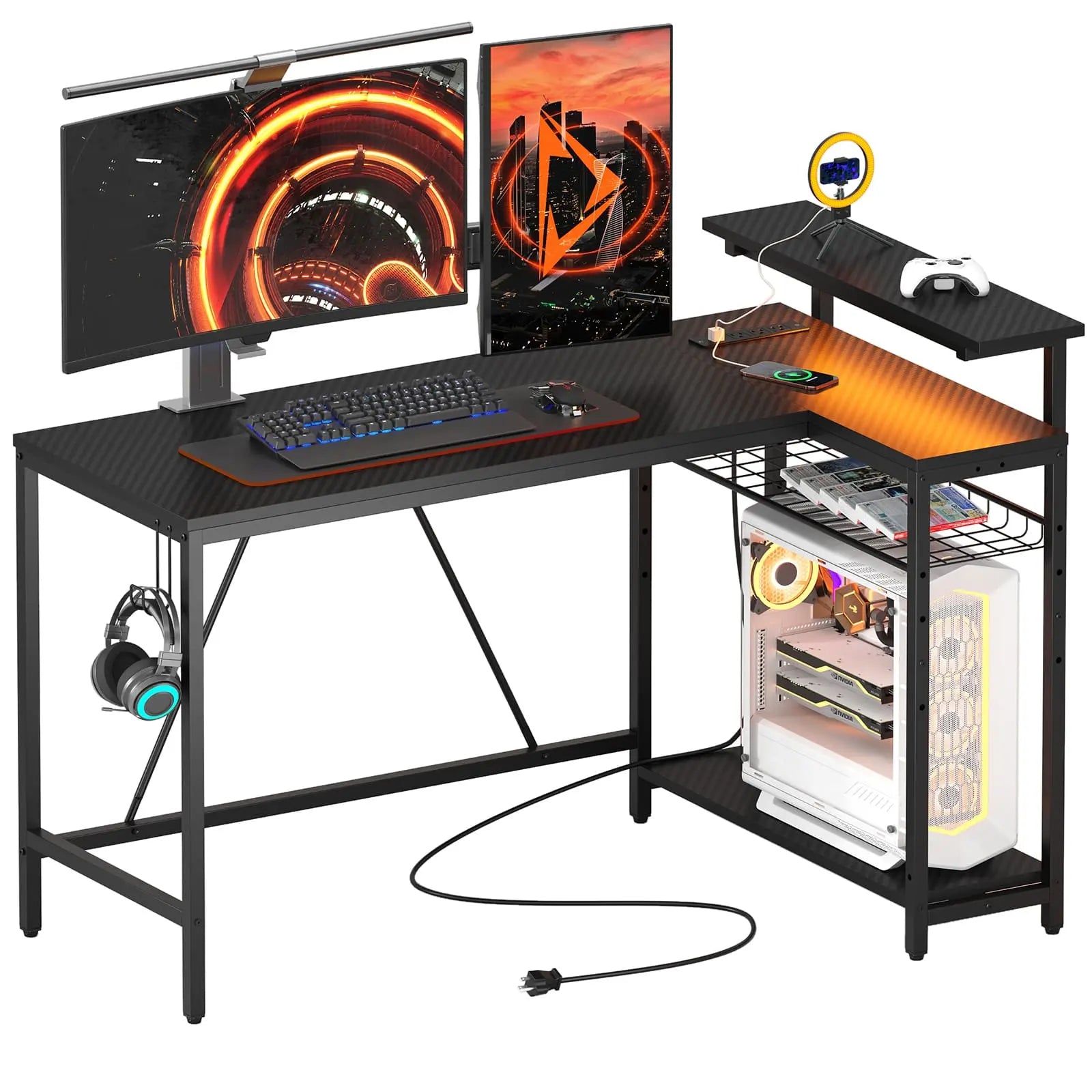 Bestier 52 Inch L-Shaped Gaming Desk with USB Ports & Power Outlets - Ergonomic Computer Desk for Home Office, Streaming Setup & PC Gaming Station