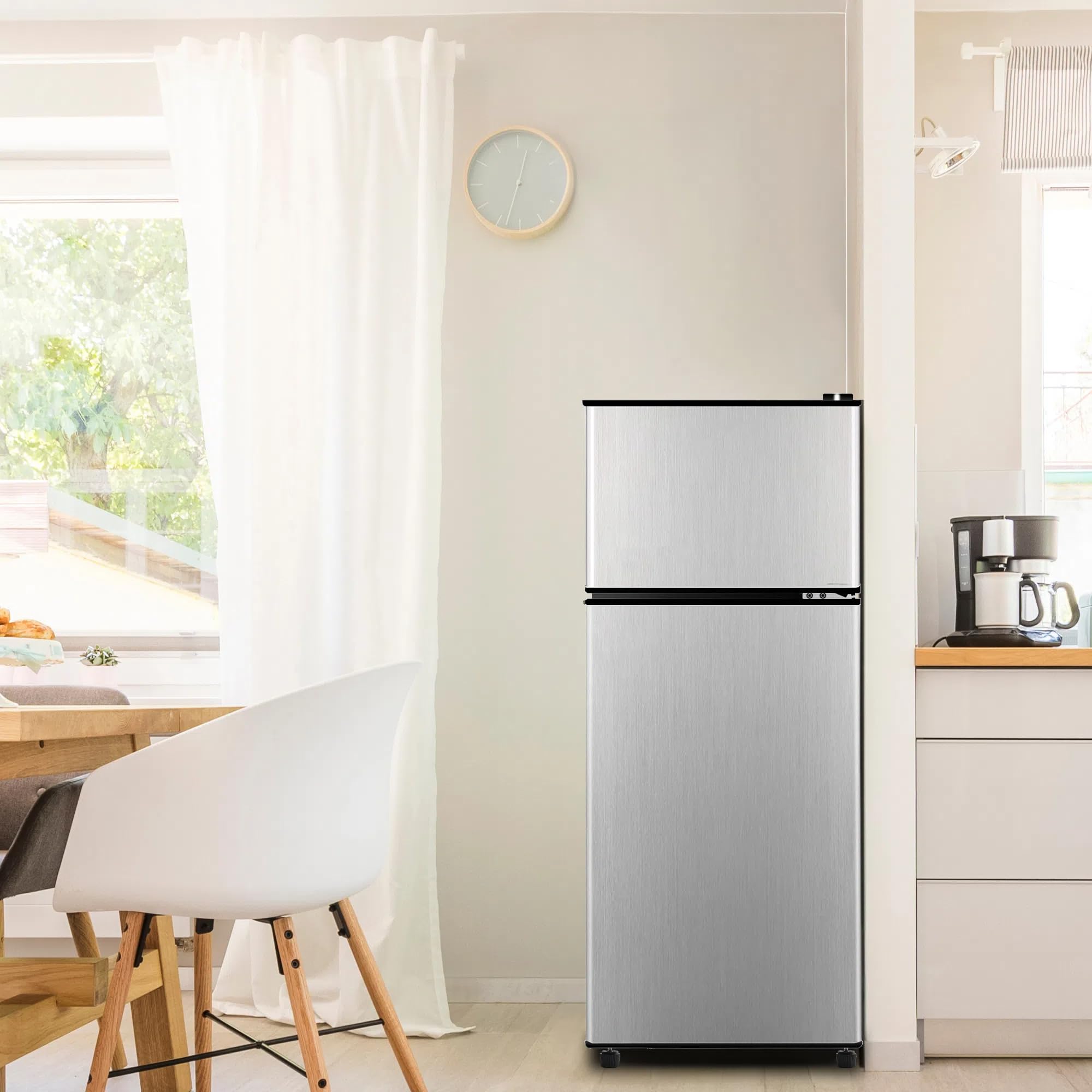 Anukis 3.8 Cu Ft Compact Refrigerator with Freezer - 2 Door Mini Fridge for Small Spaces, Dorm Room, Office, Bedroom, Basement & Garage - Energy Efficient Silver Appliance - Perfect for Beverages, Snacks & Meal Prep Storage