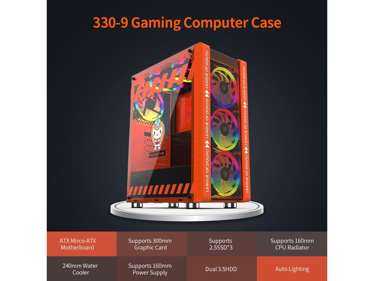 330 9 Gaming Computer Case - ATX/Micro ATX Motherboard Support, 240mm Water Cooler, RGB Orange LED - Perfect for High-Performance Gaming PCs & Custom Builds