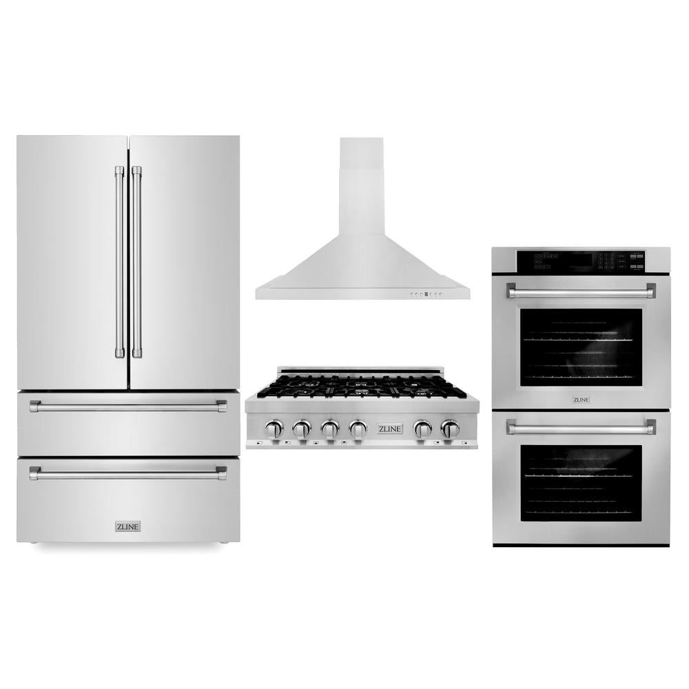 ZLINE 36-Inch Stainless Steel Kitchen Package - Refrigerator, Gas Rangetop, Range Hood & Double Wall Oven (4KPR RTRH36 AWD) | Professional Grade Appliances for Modern Home Chefs | Perfect for Gourmet Cooking & Entertaining