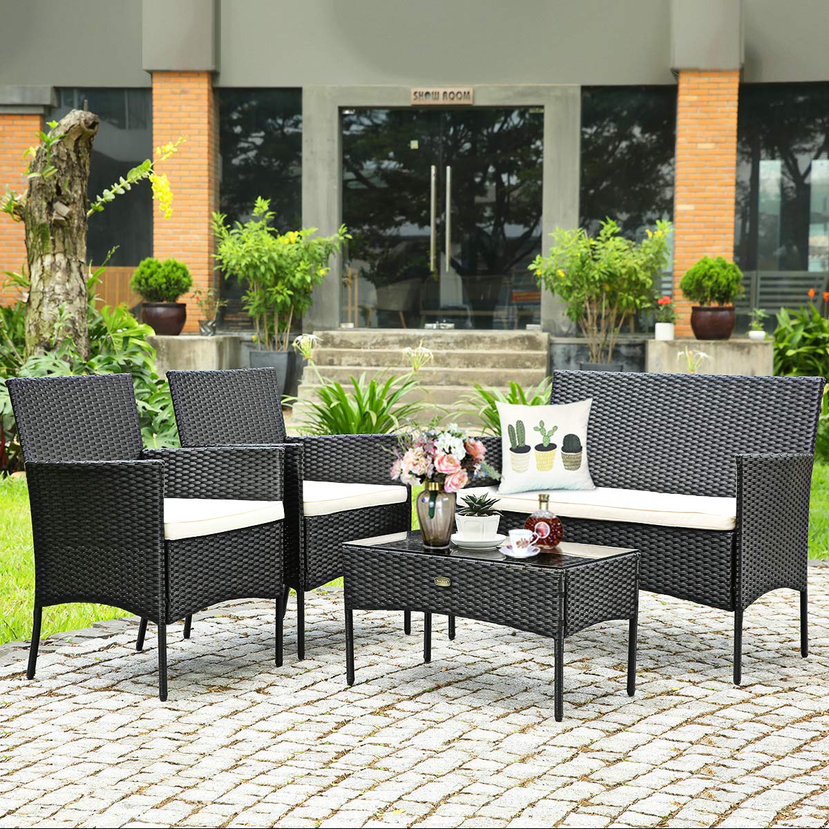 RELAX4LIFE 4-Piece Outdoor Wicker Furniture Set - Rattan Patio Conversation Set with Cushioned Chairs, Loveseat & Coffee Table - Beige Wicker Patio Set for Poolside, Balcony, Garden or Backyard Relaxation