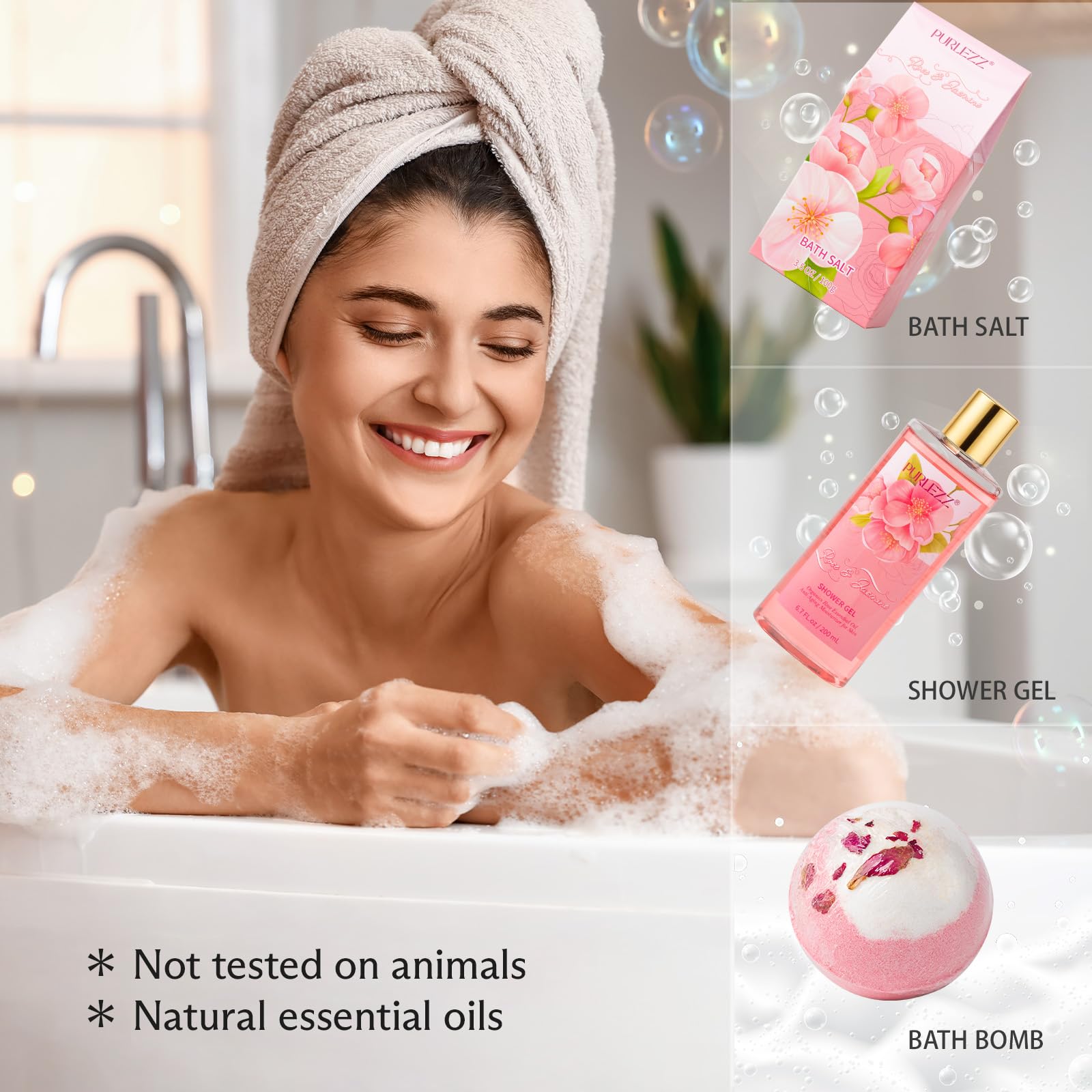 Luxury Rose & Jasmine Bath & Body Gift Set - Spa Basket with Body Lotion & Soy Candle - Relaxing Home Bath Essentials for Women - Perfect for Mother's Day, Birthday & Self-Care Gifts