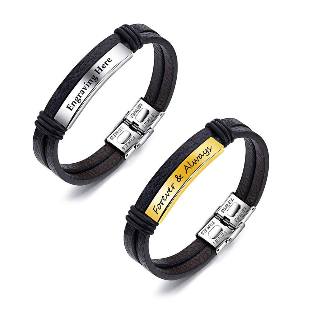 Personalized Black Leather Bracelet for Men & Women - Custom Engraved ID Bracelet - 7.6 Inch Adjustable Wristband - Perfect Gift for Dad, Father's Day, Anniversary & Special Occasions - Great for Everyday Wear, Outdoor Activities & Formal Events