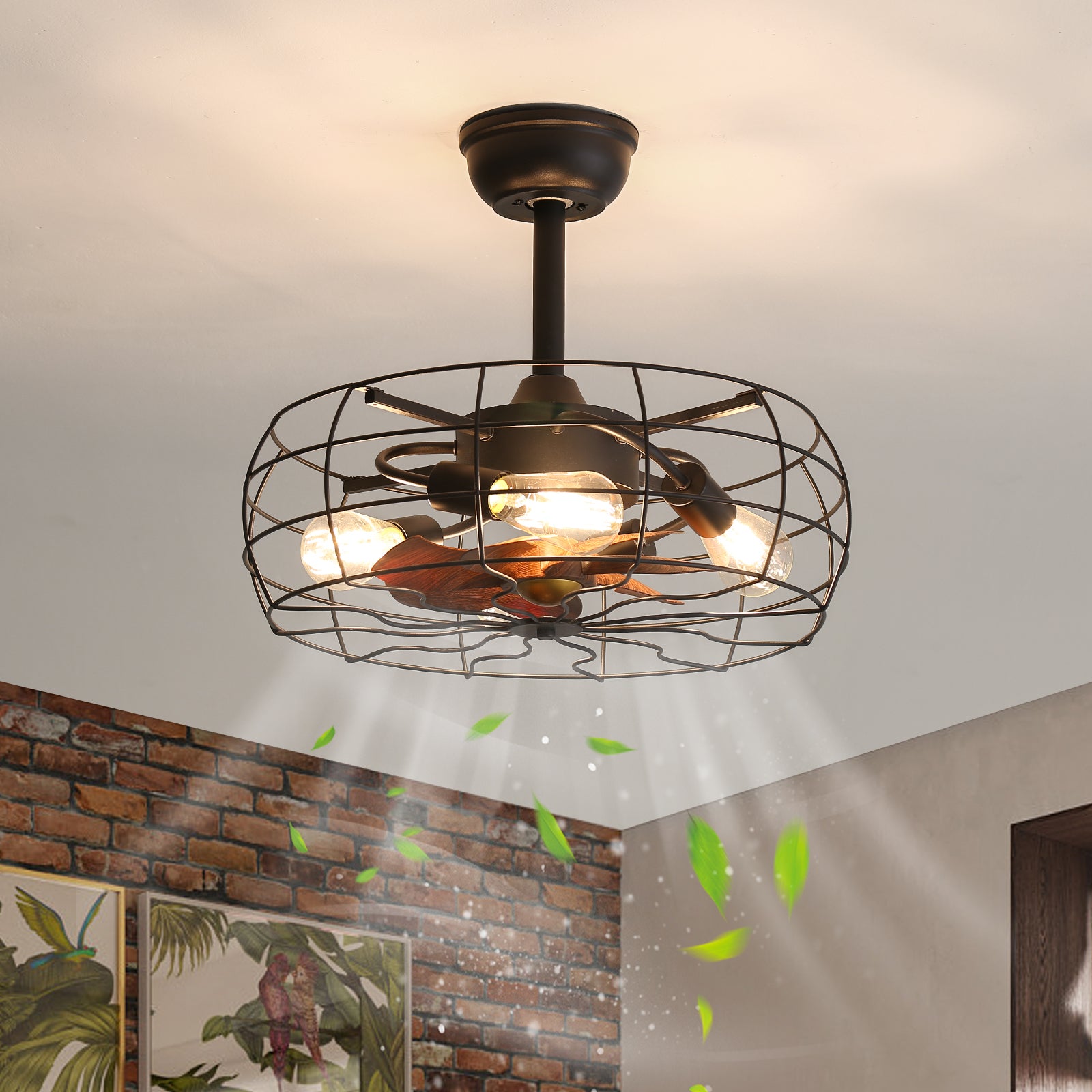 19 Inch Vintage Cage Ceiling Fan with LED Lights - No Bulb Warranty - Perfect for Living Room, Bedroom, and Patio Cooling