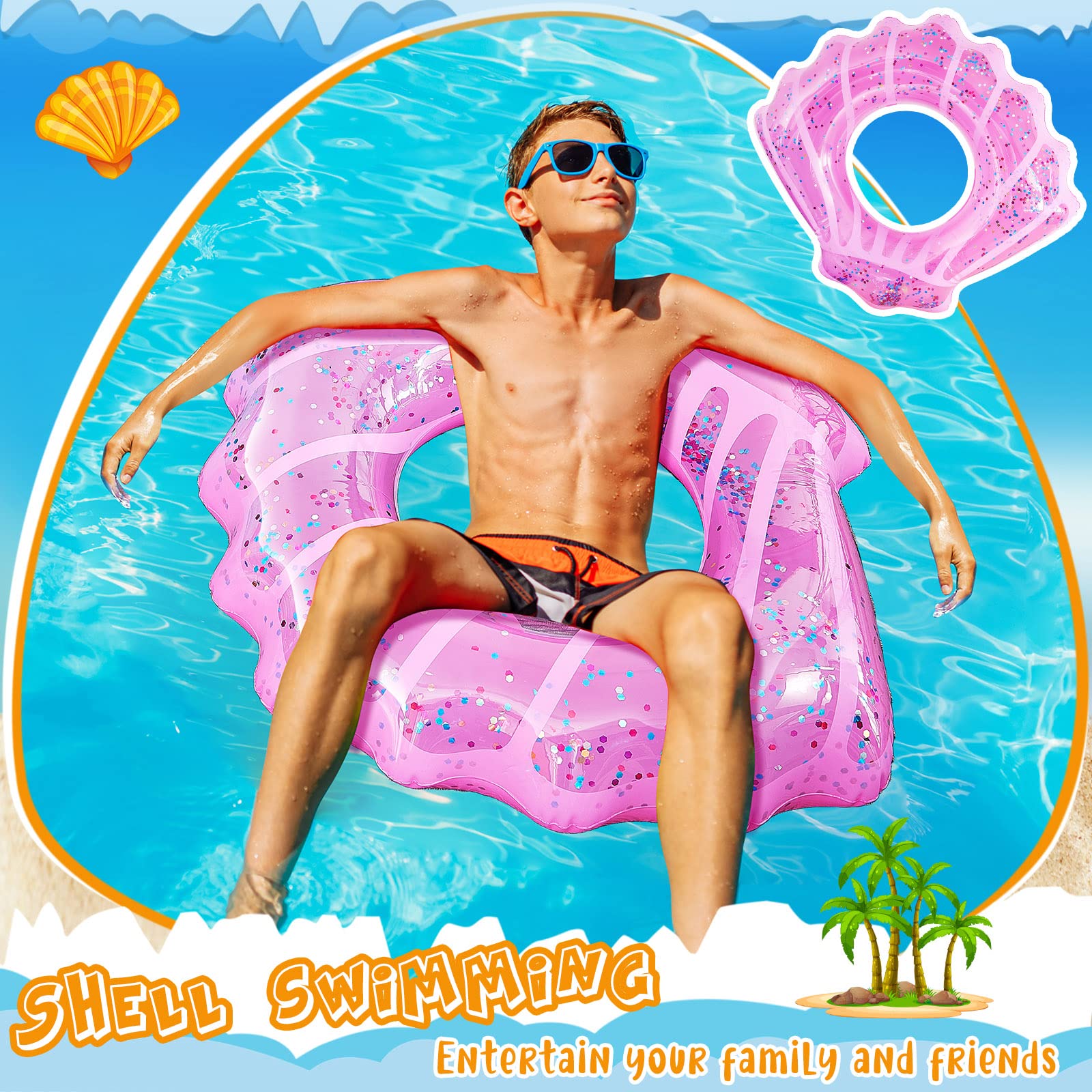 2 Pack Inflatable Seashell Swim Rings - Glitter Confetti Pool Floats for Kids, Toddlers & Teens - Pink & Blue Water Swim Tubes for Summer Beach, Pool Parties & Decorations