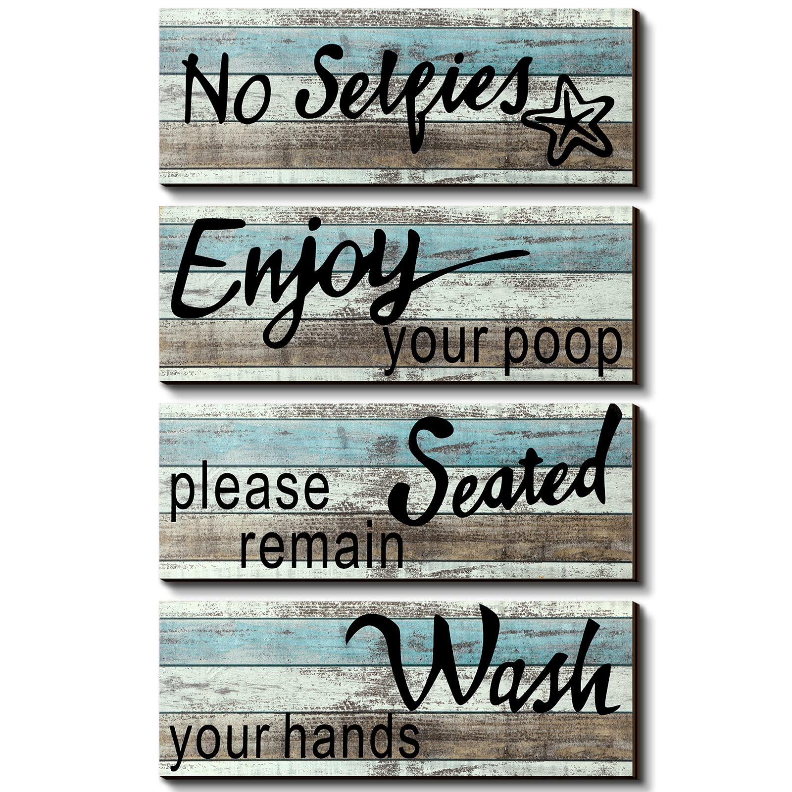 4-Piece Farmhouse Bathroom Wall Decor Set - Funny Rustic Wood Signs with 