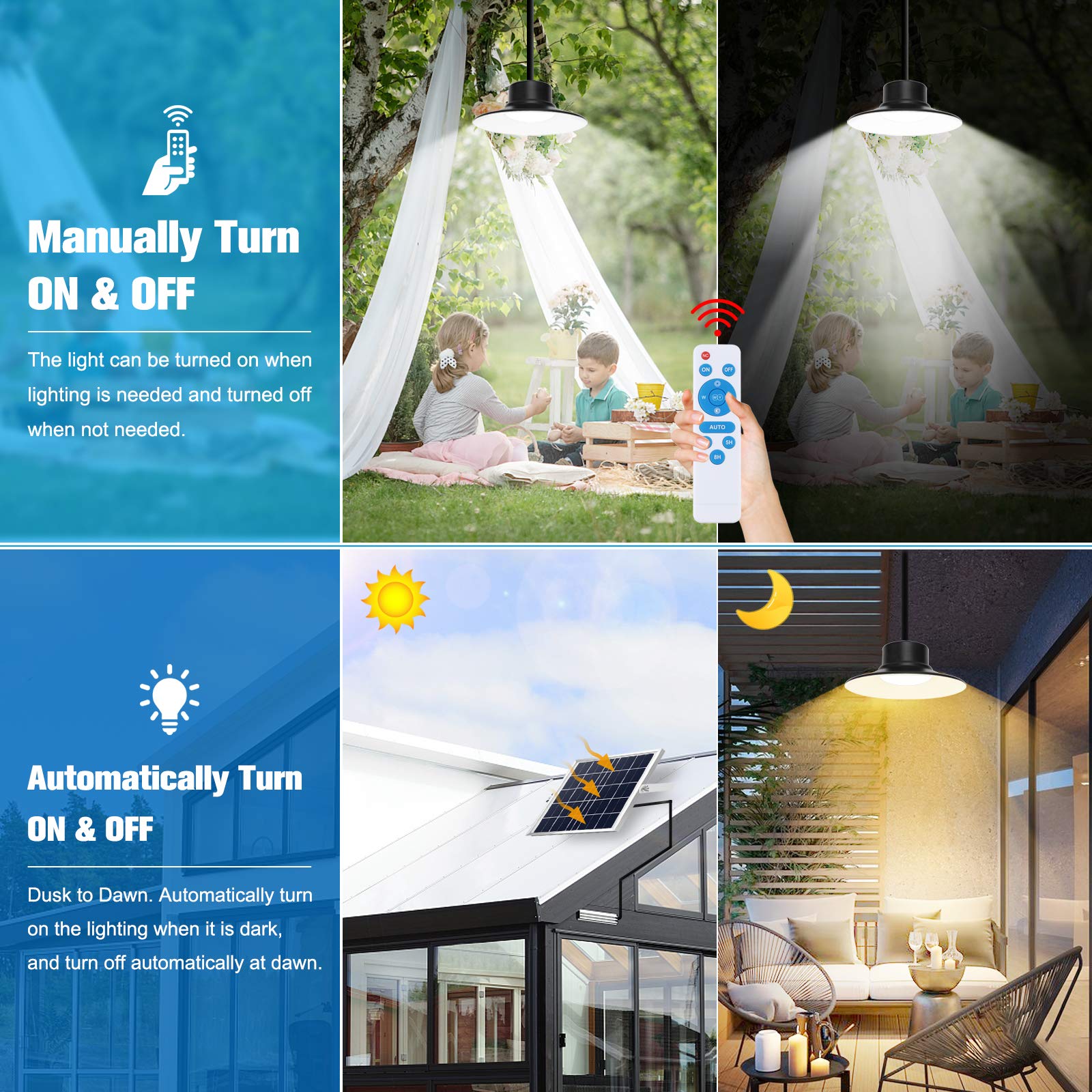 NIORSUN Solar Lights Outdoor, LED Solar Pendant Light 3000K|4000K|5000K Dimmable with Remote Control, 16.4ft Cable IP66 Waterproof - Perfect for Patio, Garage, Camping, Chicken Coop, Shed, Barn & Outdoor Decor