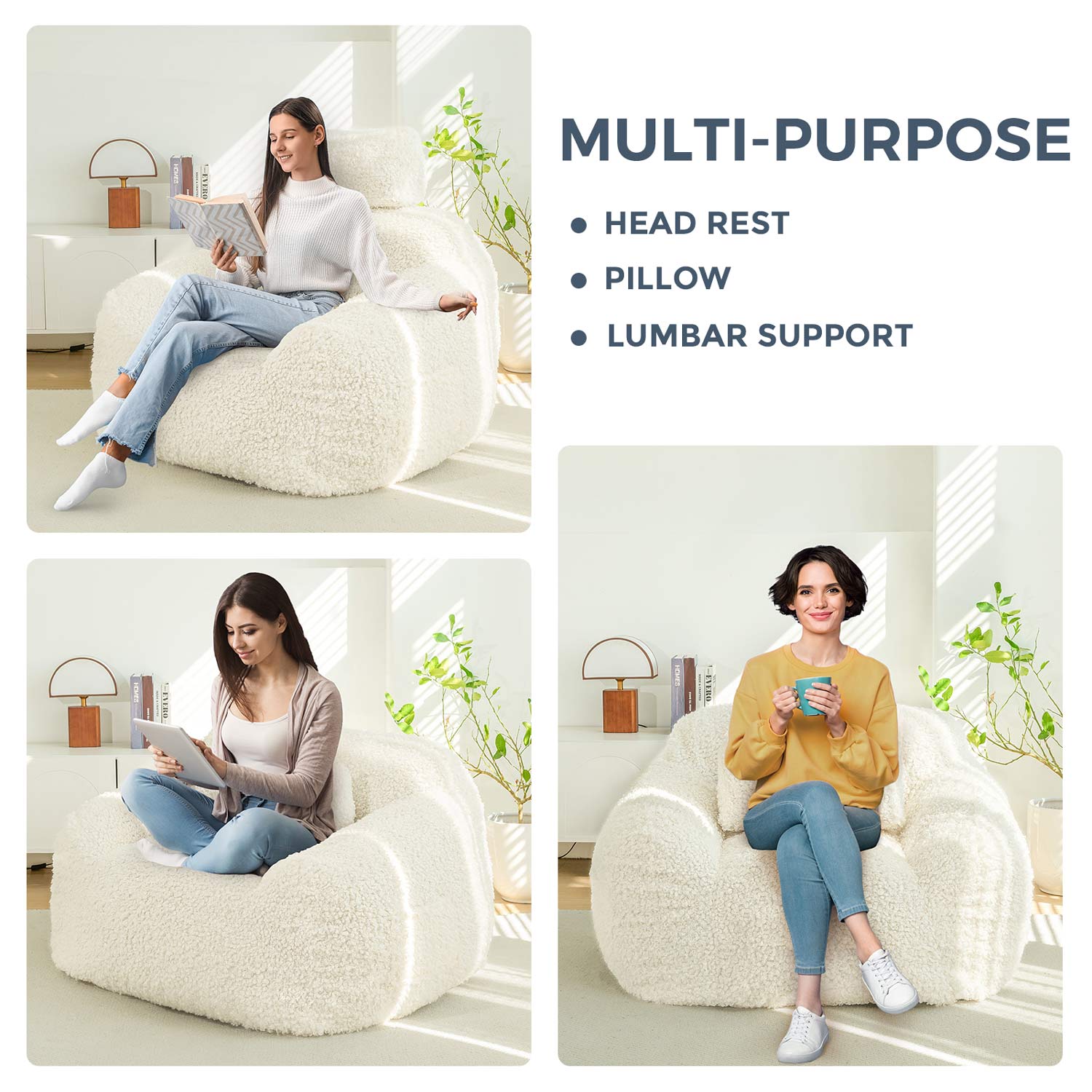 MAXYOYO Large Wool Bean Bag Chair with Pillow - Ultra Comfortable Lounge Chair for Adults & Teens - Perfect for Reading, Gaming, and Relaxing in Living Room, Bedroom or Dorm