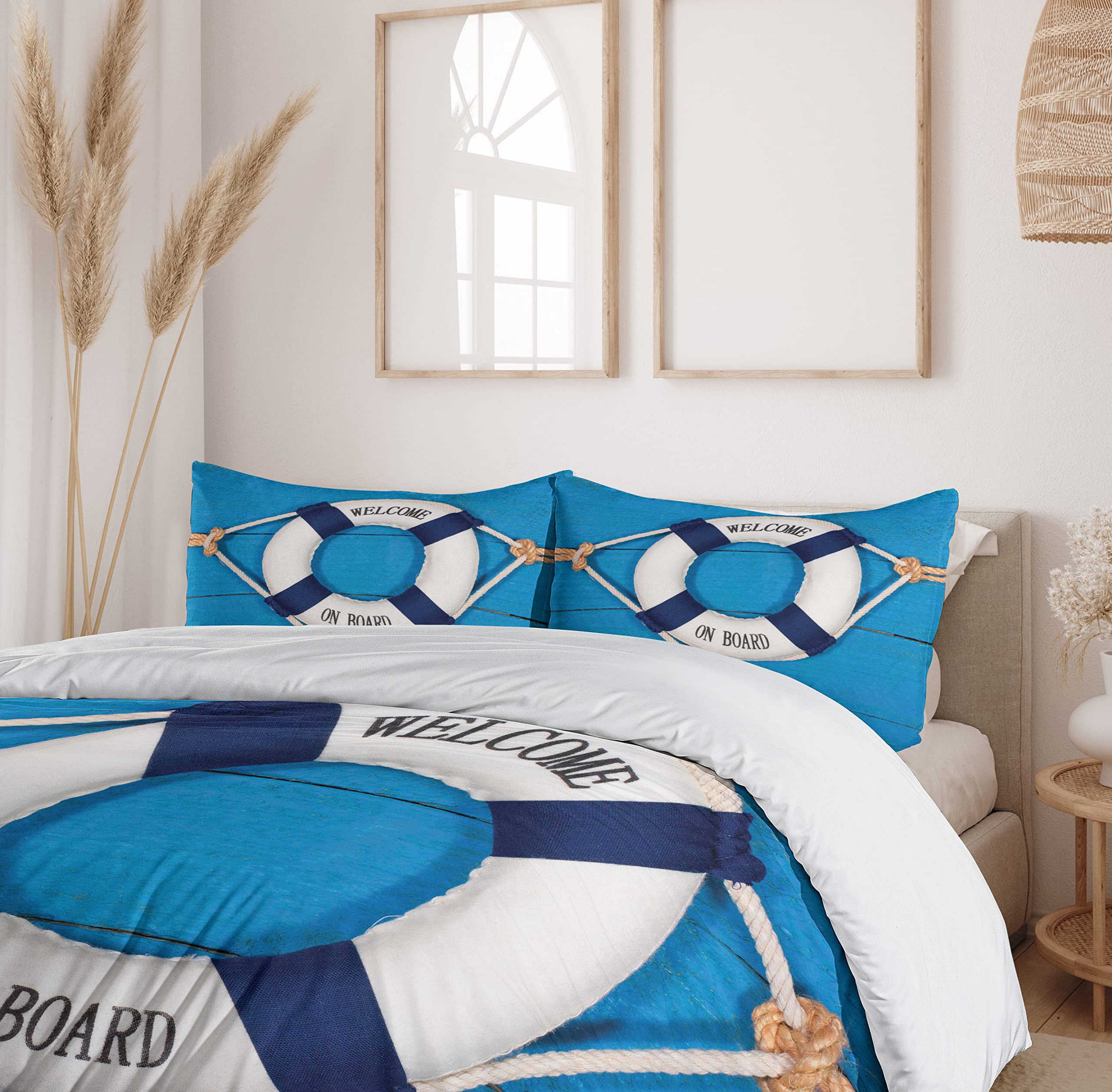 Ambesonne Coastal Duvet Cover Set - Nautical Welcome on Board Design on Painted Wood Wall - 3 Piece Bedding Set with 2 Pillow Shams - California King Size - Navy Blue & White Ocean Theme - Perfect for Beach House, Guest Room or Nautical Nursery Decor