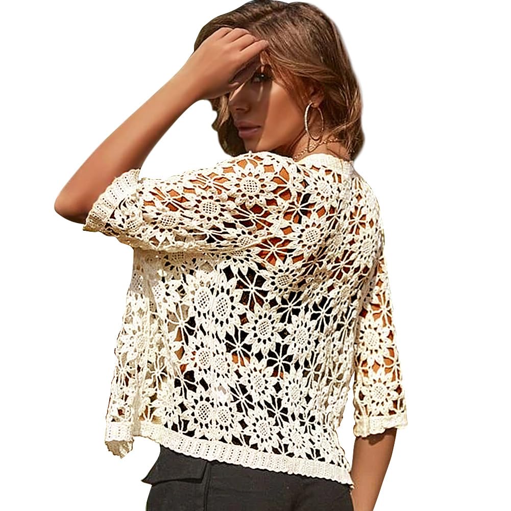 Women's Cotton Casual Floral Lace Crochet 3/4 Sleeve Cardigan - Boho Cover Up Shrug for Spring & Summer - Perfect for Beach, Vacation, and Everyday Wear