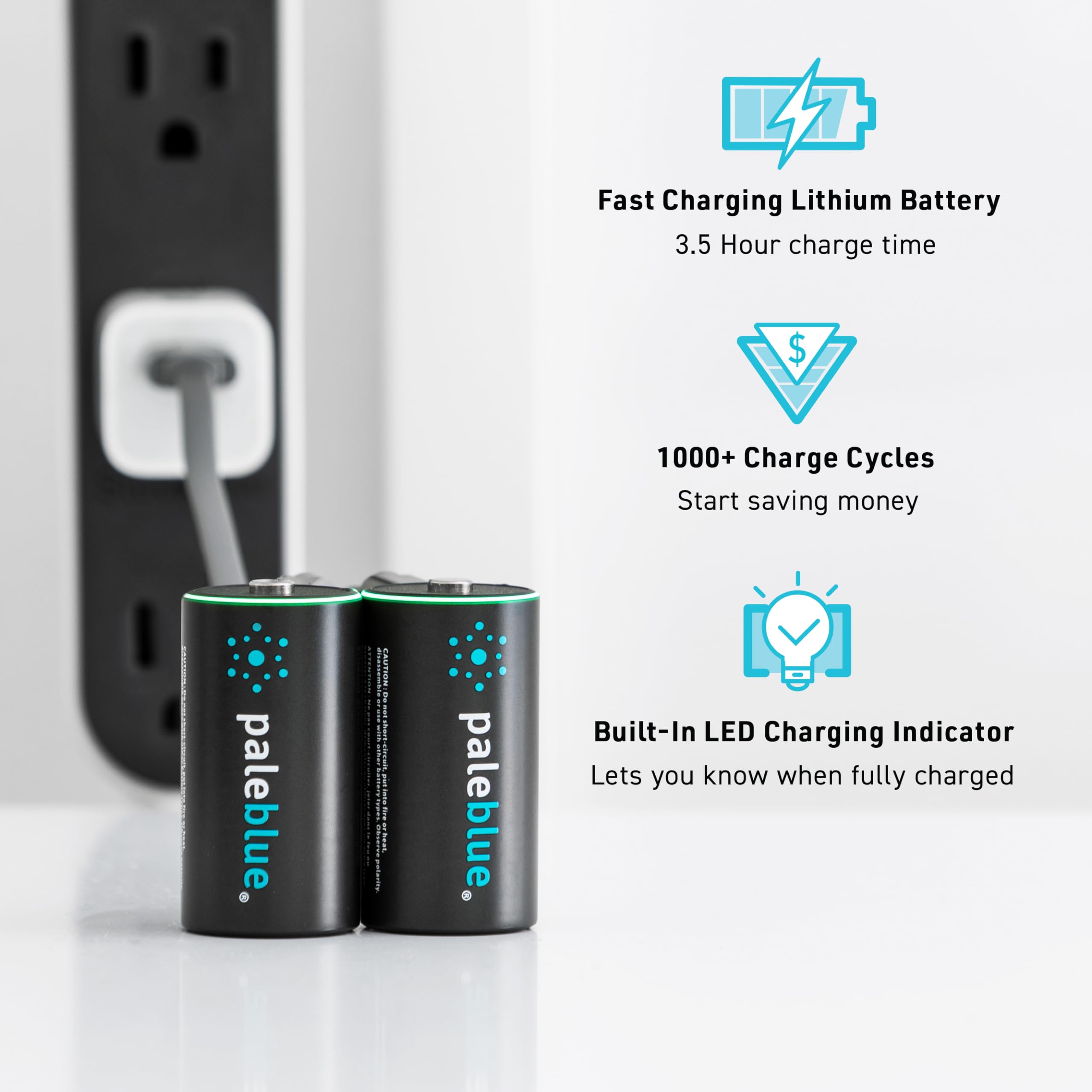 Pale Blue Rechargeable C Batteries 4-Pack - 2800mAh Lithium Ion 1.5V with USB Charger | Fast 3.5H Charge, 1000+ Cycles | Includes 2-in-1 USB to USB-C Cable & LED Indicator | Perfect for Flashlights, Toys, and Emergency Power Backup