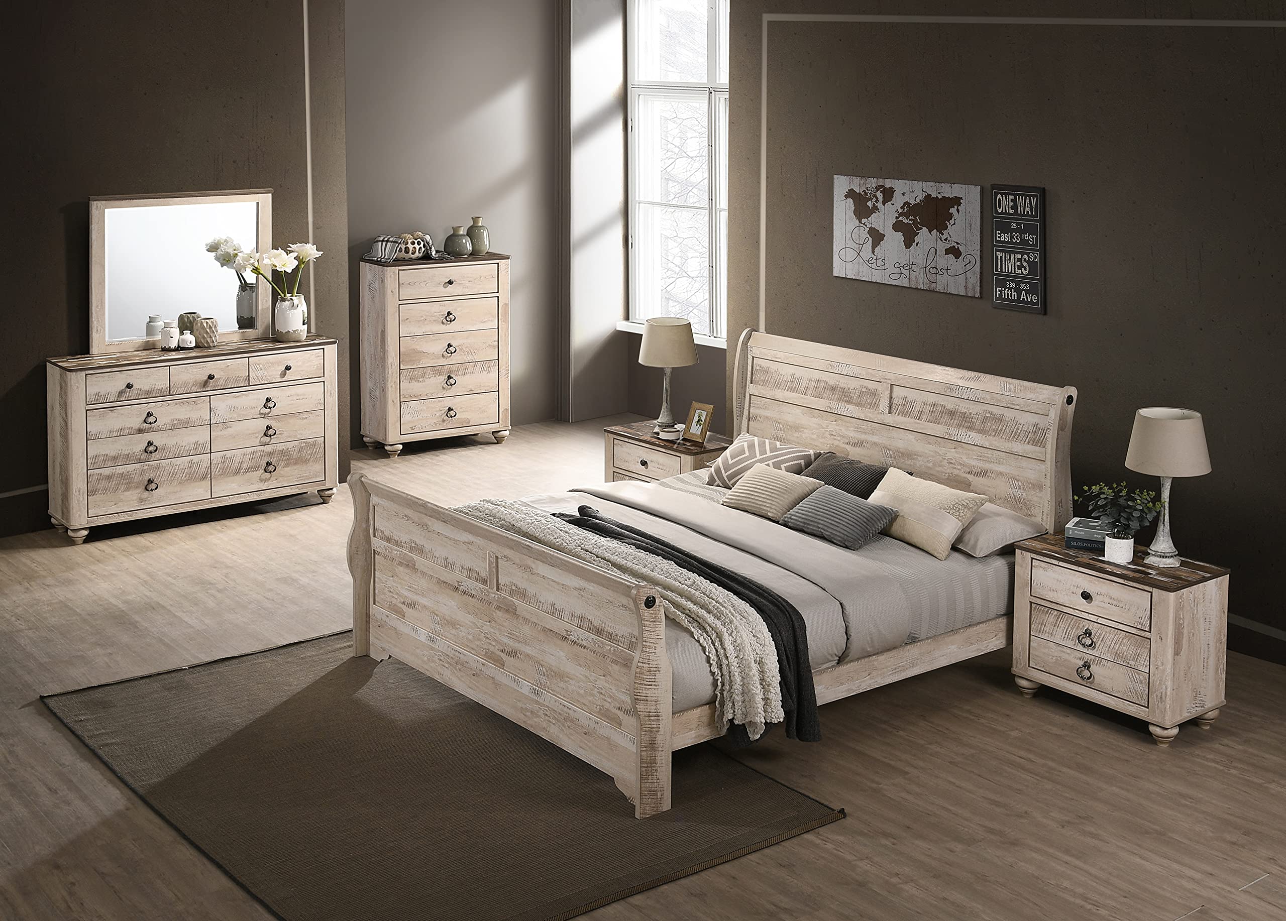 Roundhill Furniture Imerland 6-Piece King Size Sleigh Bedroom Set with White-Washed Finish - Perfect for Master Bedrooms & Guest Rooms