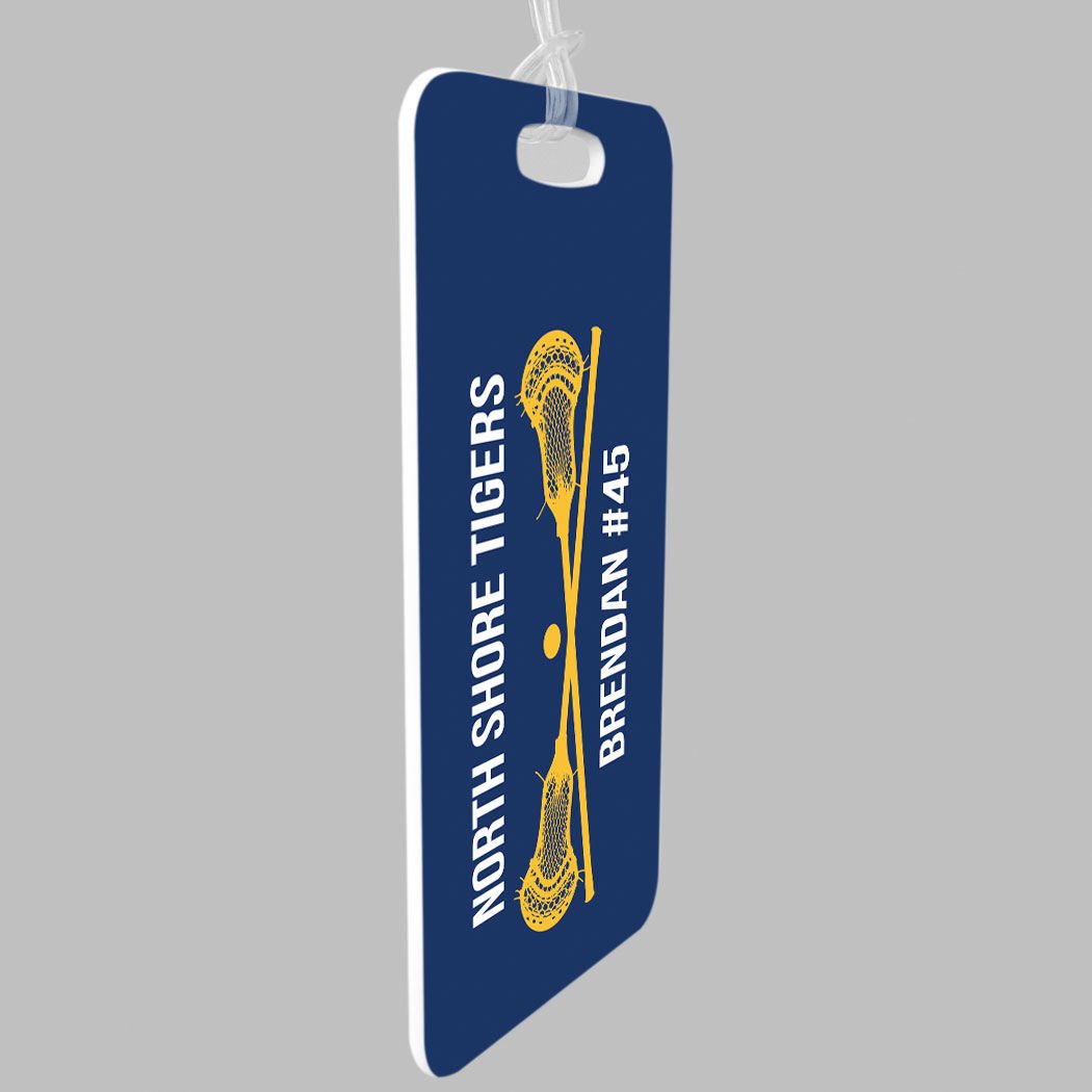 Personalized Guys Lacrosse Luggage Tag with Crossed Lax Sticks - Custom Text & Standard Lines - Large Navy & Gold Sports Bag Tag for Travel, Gym & Team Gear Identification