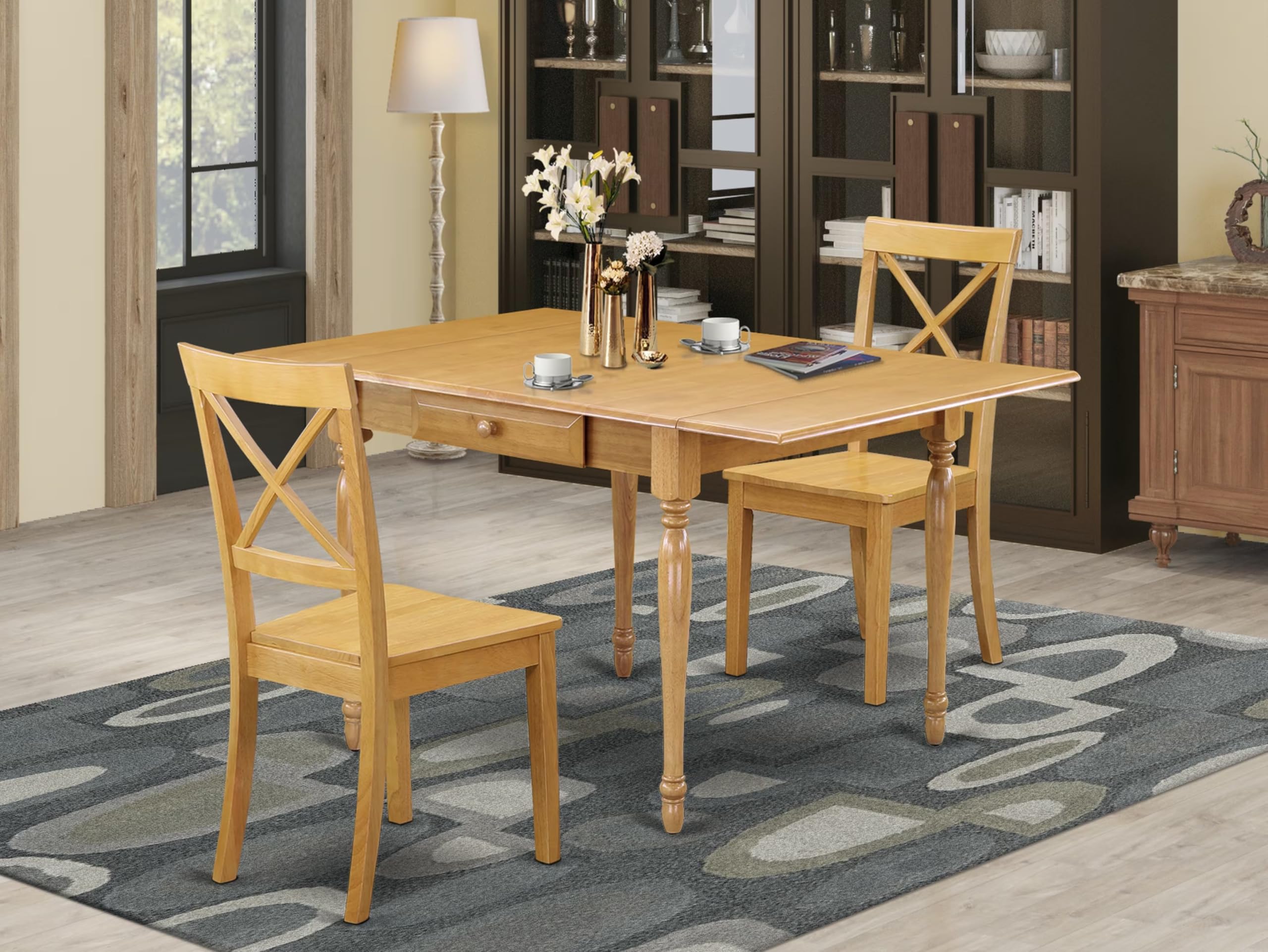 East West Furniture MZBO3-OAK-W 3-Piece Oak Kitchen Table & Chairs Set with Drop-Leaf Dining Table (36x54 Inch) and 2 Solid Wood Chairs - Perfect for Small Dining Rooms, Breakfast Nooks & Cozy Kitchens