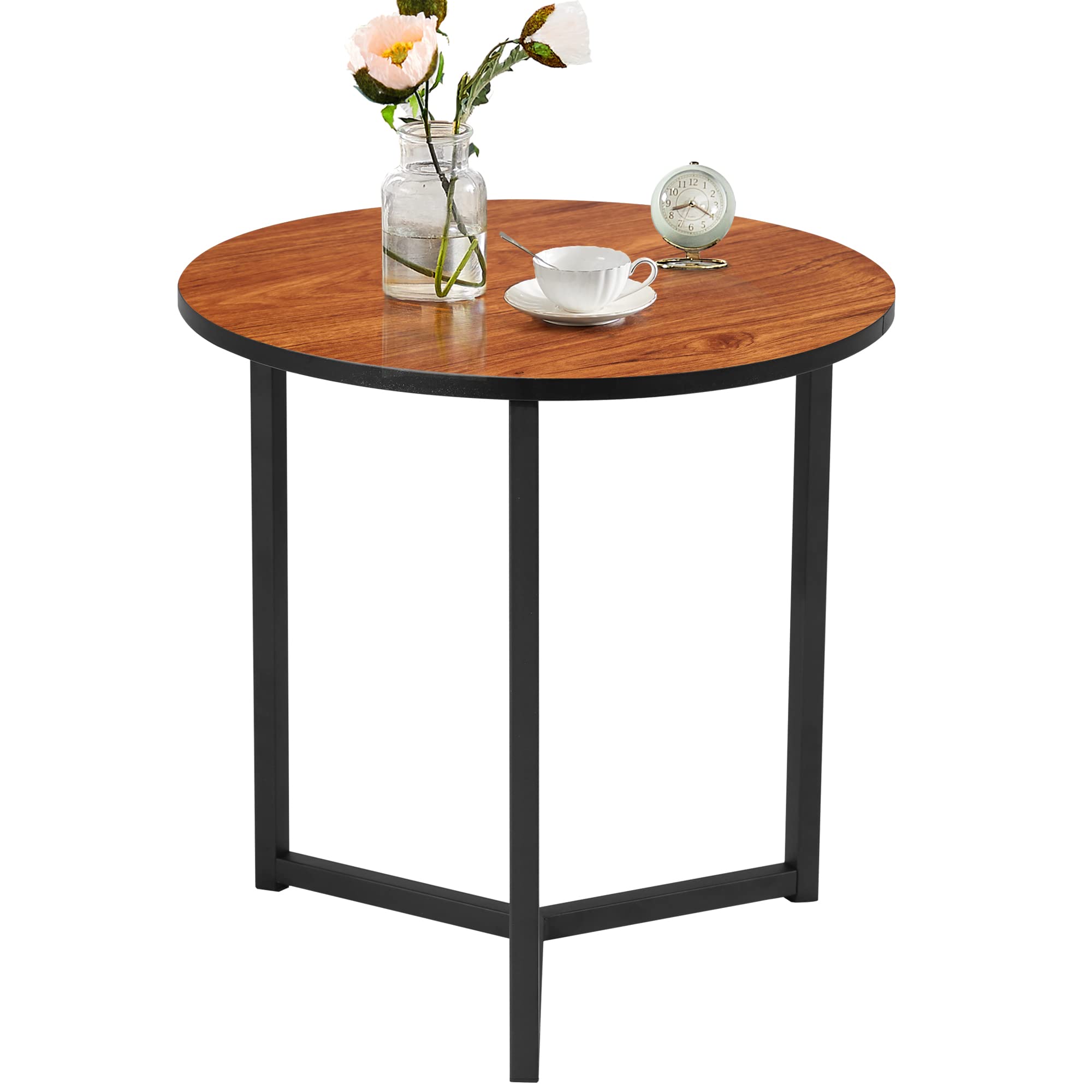 VECELO Round Coffee End Side Table - Sturdy Metal Frame Nightstand for Living Room, Bedroom, Couch & Kitchen - Easy Assembly 1-Piece Antique Brown - Perfect for Small Spaces, Reading Nooks & Coffee Cup Placement