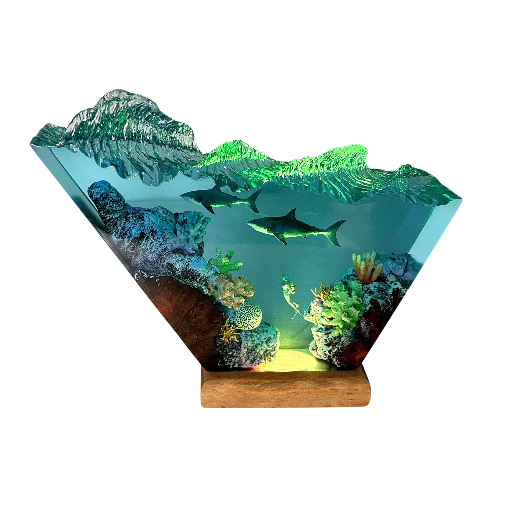 Handmade Great White Shark & Scuba Diver Resin Lamp - 12x6 Inch Deep Blue Ocean Epoxy Resin Night Light - Unique Valentine's Day Gift for Him/Her - Perfect for Bedroom, Living Room & Office Decor