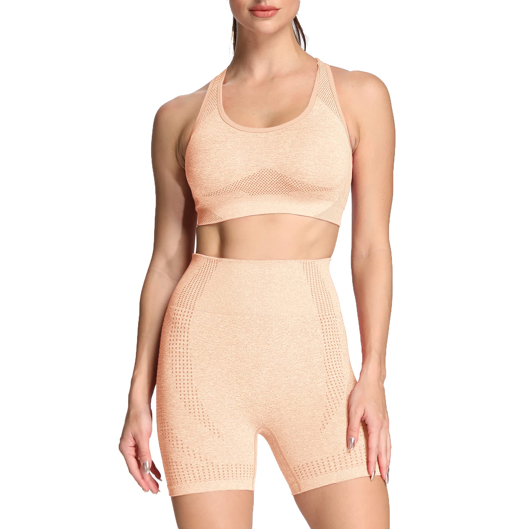 Aoxjox Women's Seamless 2-Piece Yoga Outfit - High Waist Workout Shorts & Short Sleeve Crop Top Set for Gym, Pilates & Home Fitness