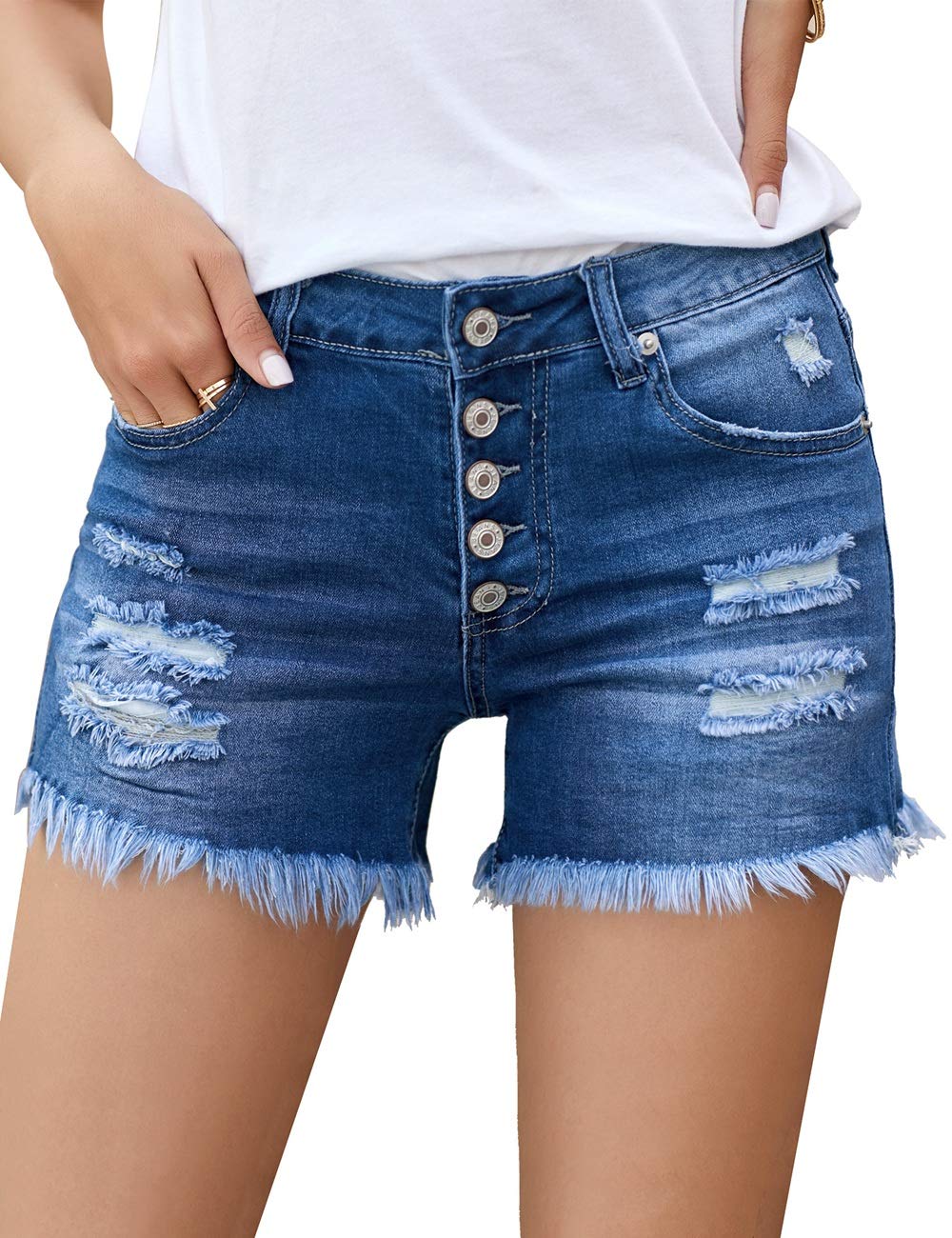 Luvamia Women's Ripped Denim Shorts - High Waist Button Fly Distressed Raw Hem Jean Shorts for Casual Wear | Perfect for Summer, Beach, Music Festivals & Street Style Outfits