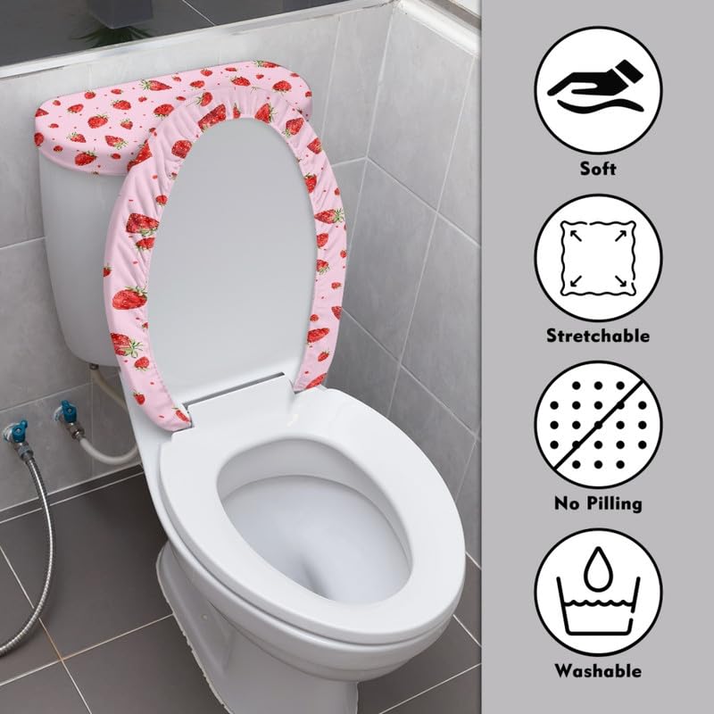 2-Pack Pink Strawberry Toilet Seat Covers - Cute Cartoon Fruit Design with Elastic Edge, Machine Washable Bathroom Accessories for Home Decor | Perfect for Kids' Bathrooms, Farmhouse Style Decor & Berry-Themed Home Accessories