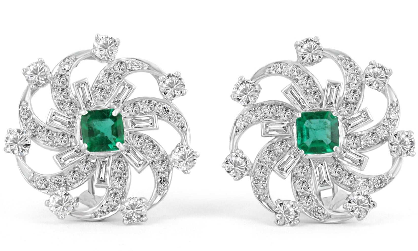 6.70tcw Platinum Fine Quality Emerald & Diamond Spiral Statement Earrings | Luxury Dangle Earrings for Women | Perfect for Weddings, Parties & Special Occasions