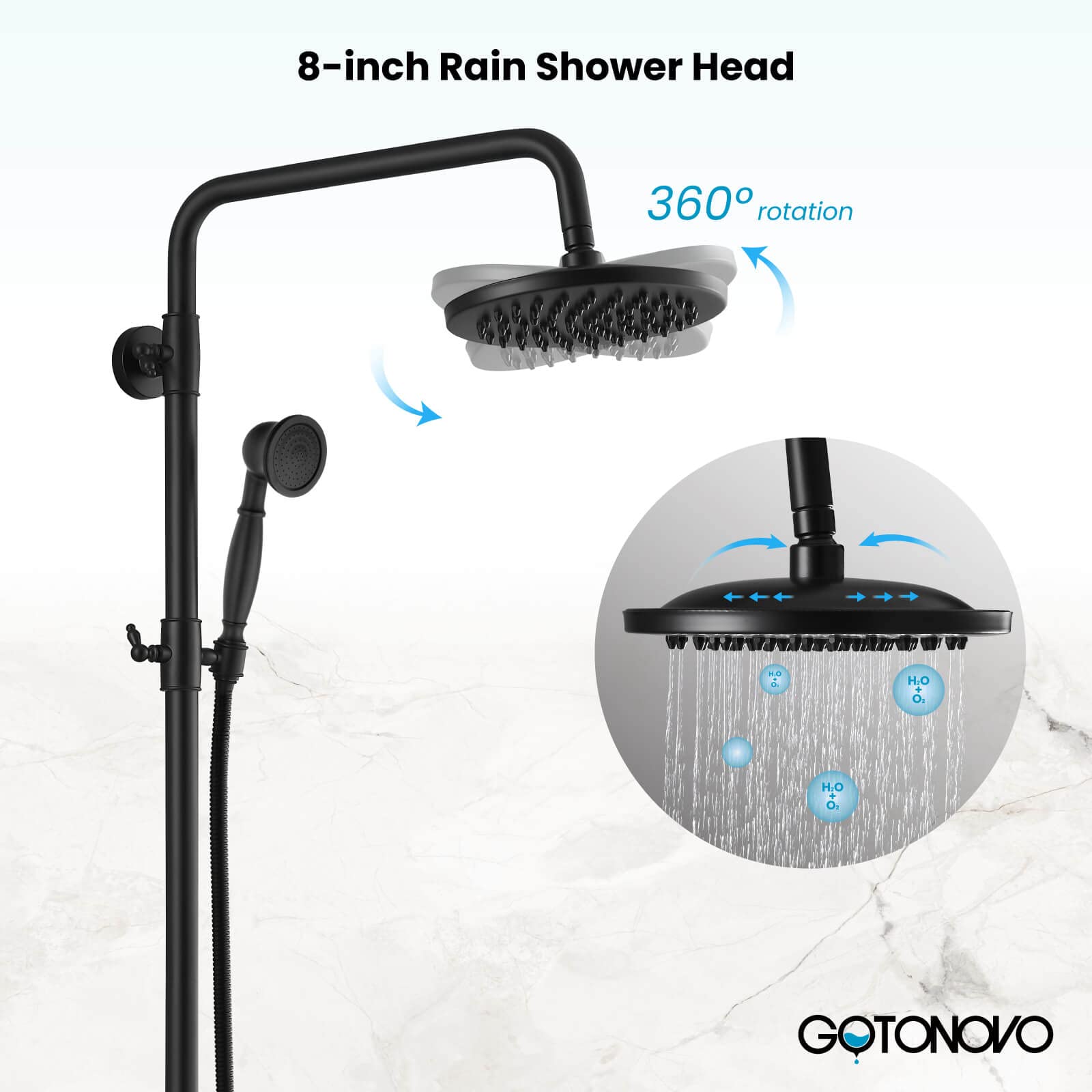 Gotonovo Matte Black 8-Inch Rain Shower Head System - Wall Mounted Bathroom Faucet with Adjustable Handheld Sprayer, Double Lever Handles & Tub Spout - Triple Function Shower for Luxurious Spa-Like Experience at Home