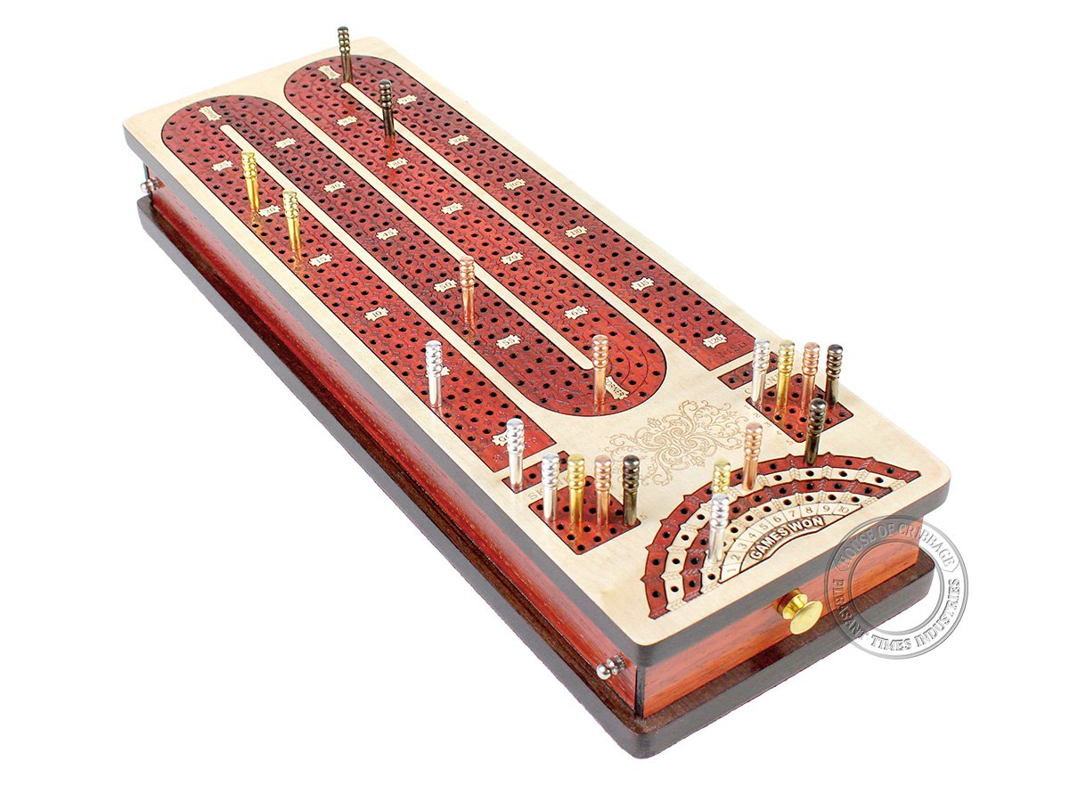 Premium Continuous Cribbage Board with 4 Tracks - Handcrafted Maple & Bloodwood with Side Drawers - Score Keeper & Game Storage - Perfect for Family Game Nights & Travel