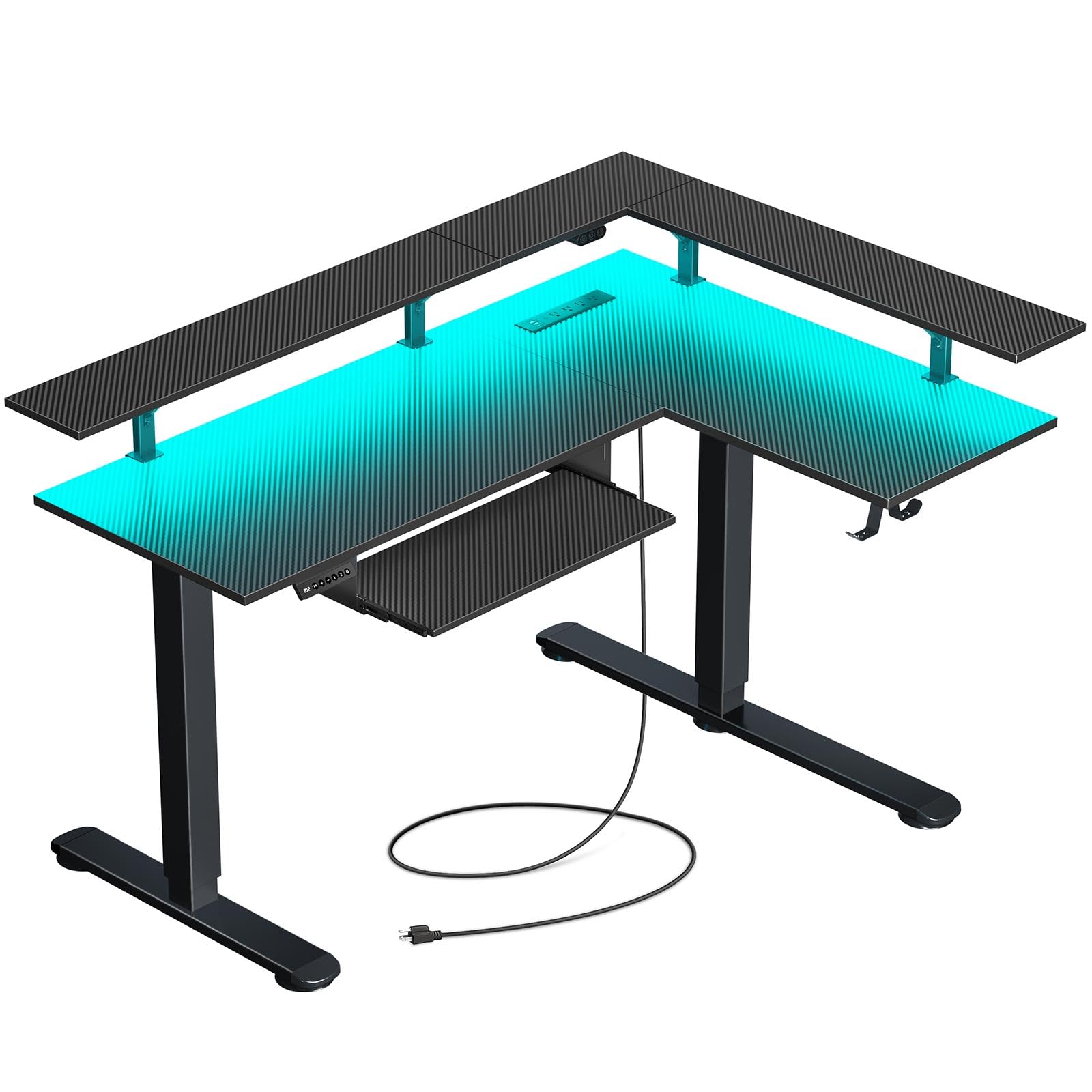 Rolanstar L-Shaped Electric Standing Desk with LED Light & Power Outlet - Dual Motor Height Adjustable Workstation with Monitor Stand & Keyboard Tray (Carbon Fiber Black) - Perfect for Home Office, Gaming Setup & Workspace Ergonomics