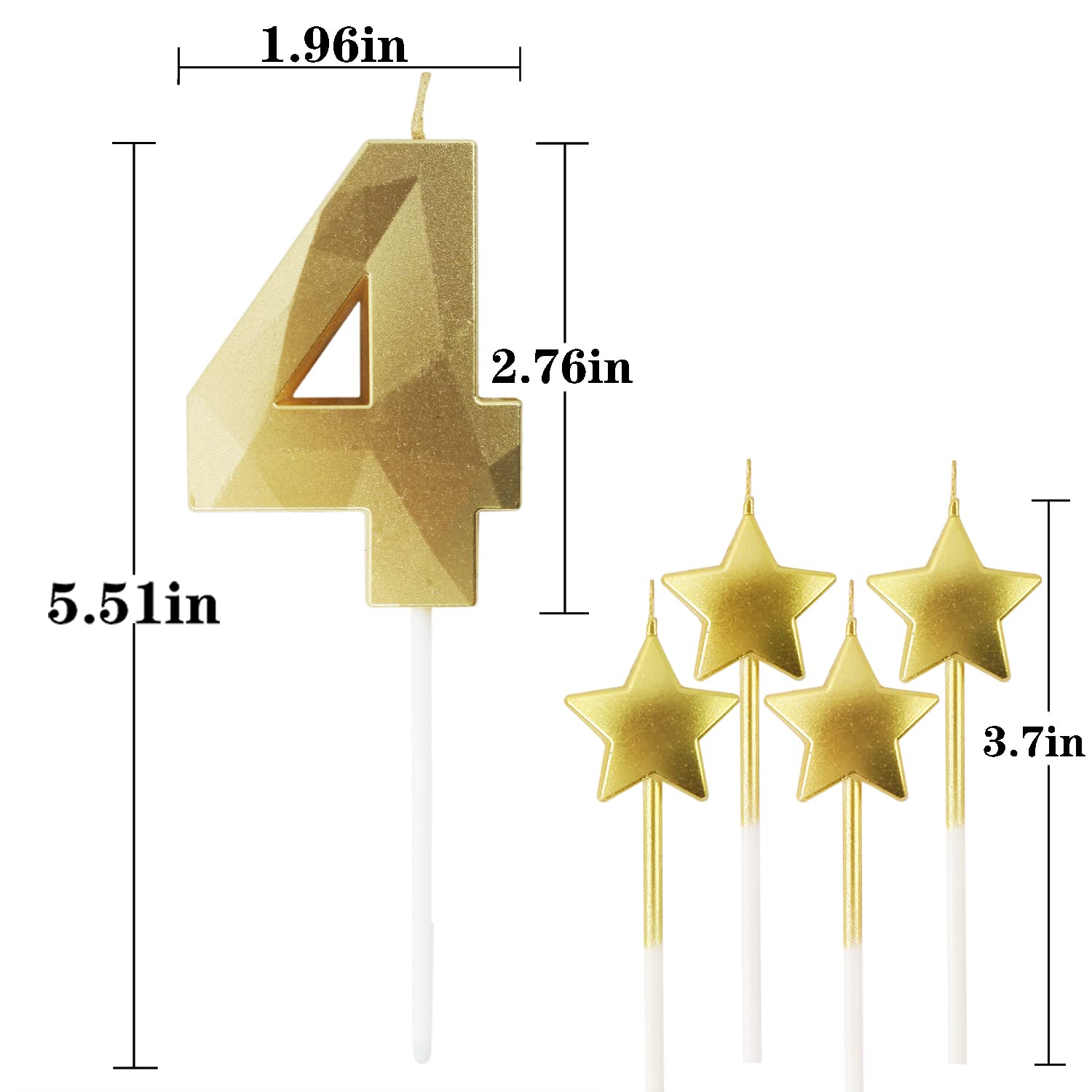 Golden Number 4 Birthday Candles & 3D Star Candles - 2.76 Inch Diamond Shaped Cake Decorations for Birthday Parties, Anniversaries, Weddings & Special Celebrations - Premium Gold Candles for Festive Occasions