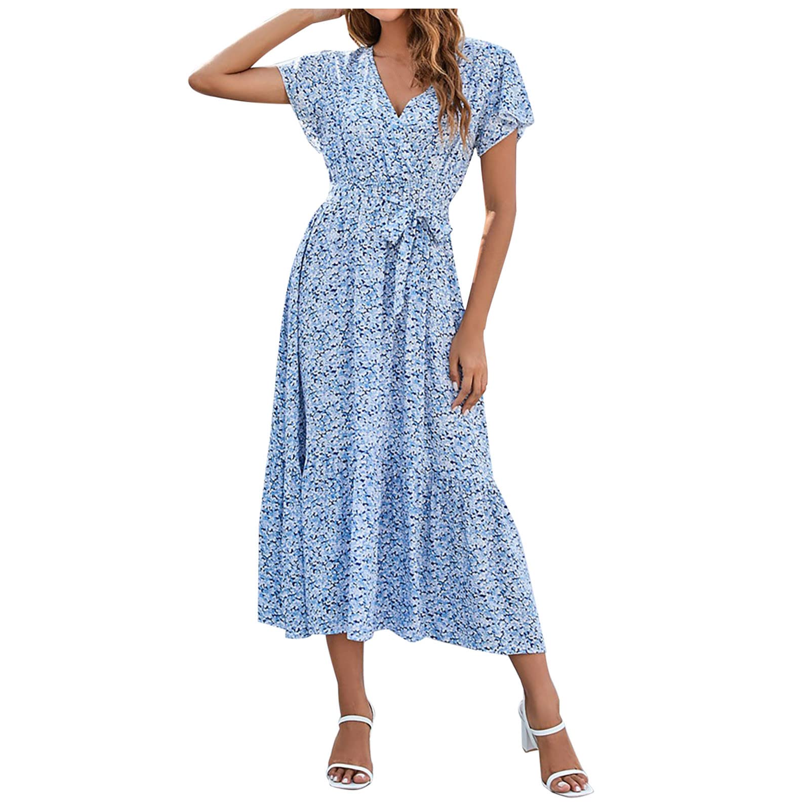 Women's Floral Flowy Beach Dress - Elegant V-Neck Short Sleeve Bohemian Midi Dress for Summer | Perfect for Vacations, Weddings & Outdoor Parties