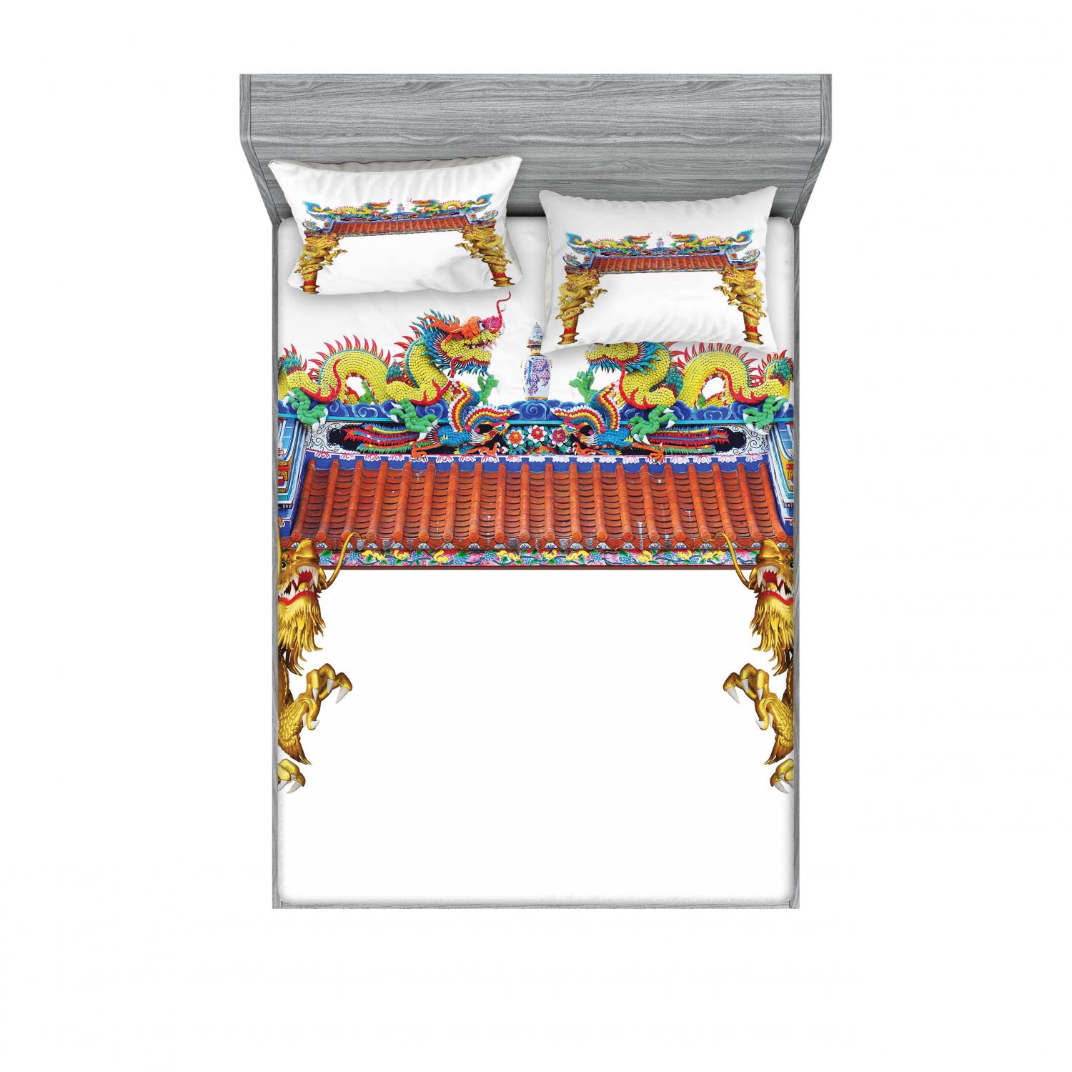 Ambesonne Dragon Queen Size 4-Piece Bedding Set - 2 Fitted Sheets & 2 Pillow Shams, Asian Inspired Dragon & Temple Design in Vibrant Yellow Blue Red Colors | Perfect for Themed Bedrooms, Guest Rooms, or Fantasy Decor