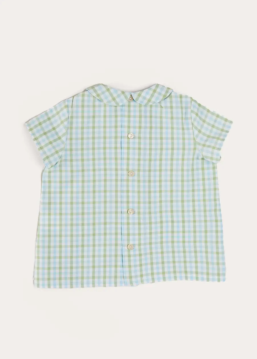 Maxwell Gingham Peter Pan Collar Short Sleeve Shirt for Baby & Toddler - Green Plaid Cotton Top (18 Months to 5 Years) | Casual Outfit, Photo Shoot & Special Occasion Wear