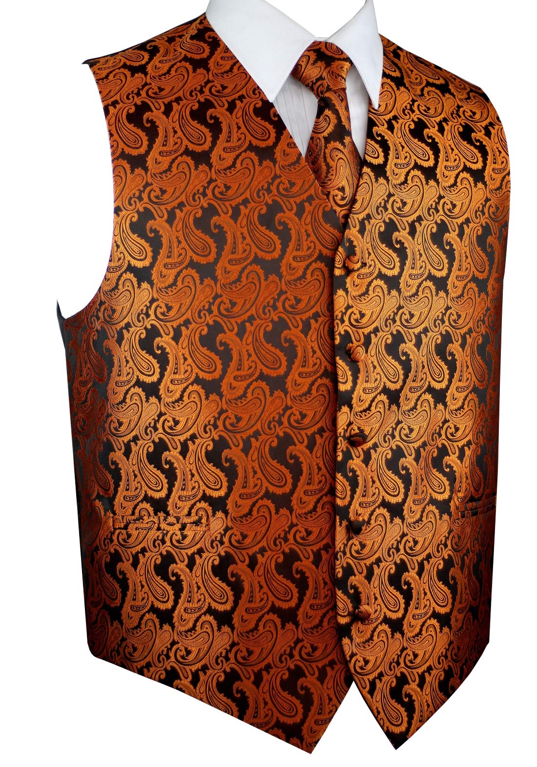 Italian Design Men's Tuxedo Vest, Tie & Pocket Square Set in Burnt Orange Paisley Pattern - Formal Wedding, Prom & Evening Wear Accessories for Groom & Best Men