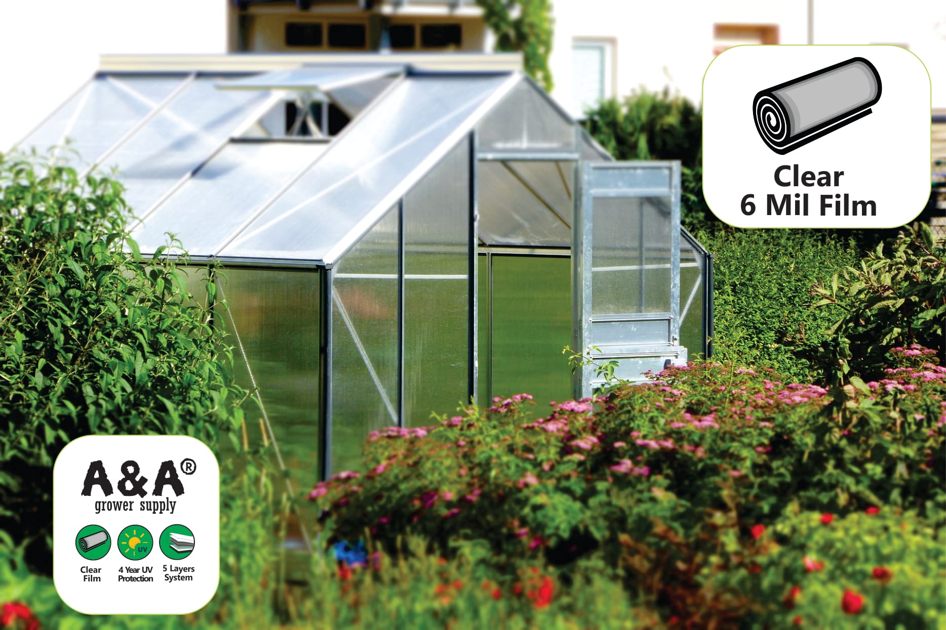 **A&A Green Store 4-Year 6 mil UV-Resistant Clear Greenhouse Plastic Film (25' x 40') – Durable Polyethylene Cover for Plant Protection & Gardening**    *Use Cases: Ideal for greenhouses, garden beds, plant shelters, and DIY gardening projects to extend growing seasons and protect plants from harsh weather.*