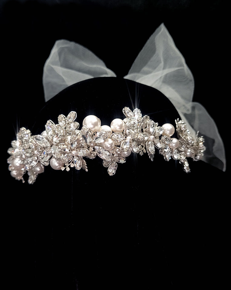 Elegant Wedding & Bridal Crystal Garland Headpiece with Tulle Bow - Titania by Kezani | Perfect for Brides, Bridesmaids & Special Occasions