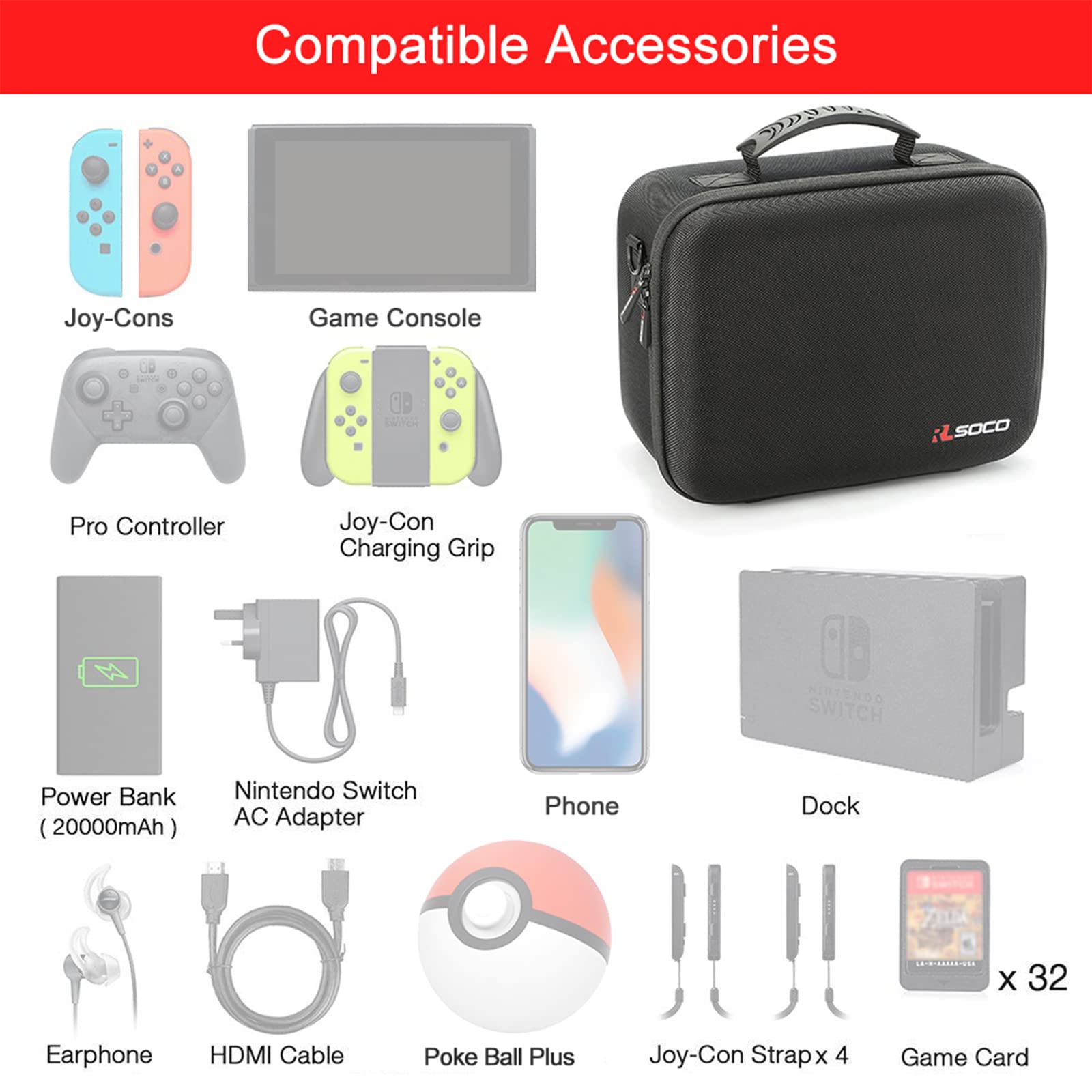 RLSOCO Protective Carrying Case for Nintendo Switch OLED & Nintendo Switch - Fits Console, Dock, AC Adapter, Joy-Con Grip (Case Only) - Perfect for Travel, Gaming Parties & On-the-Go Protection