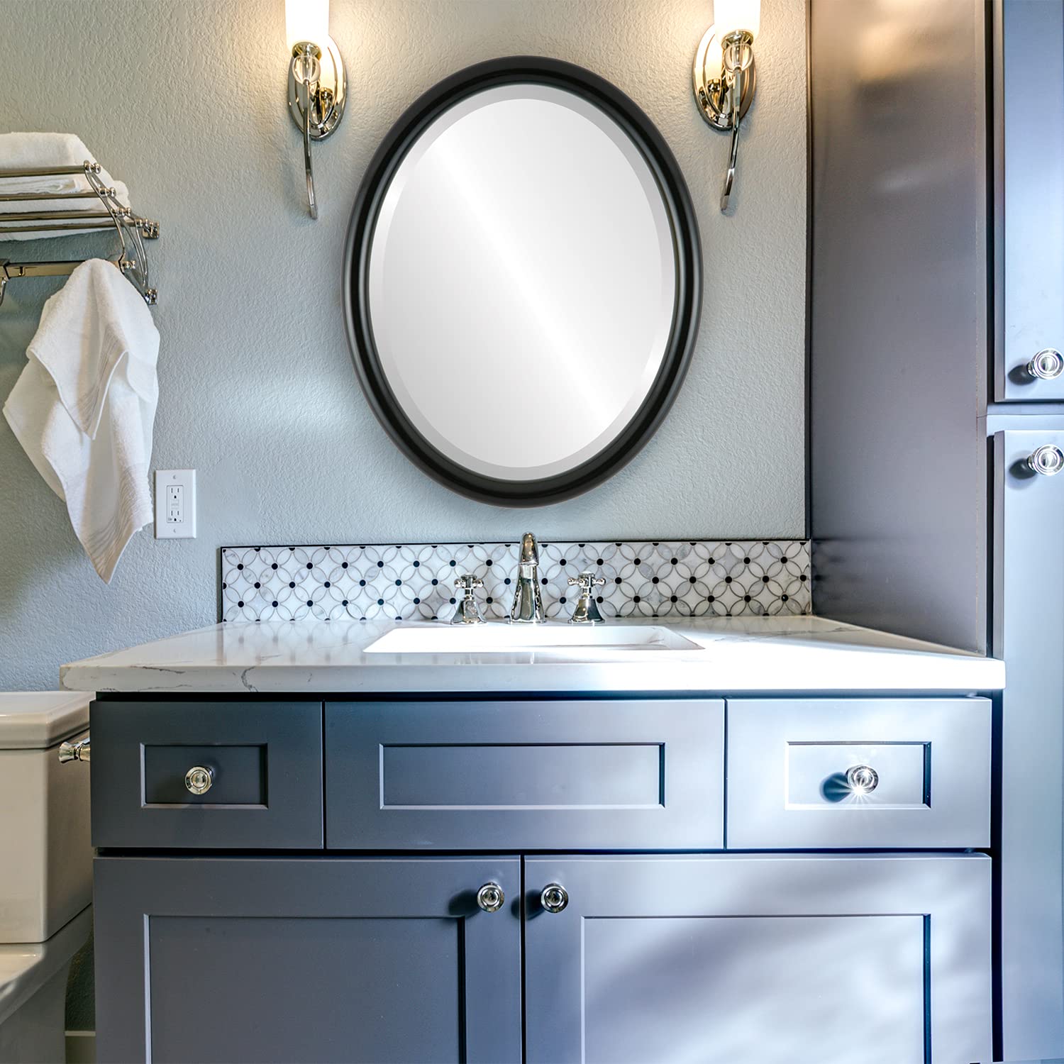 Oval Wooden Beveled Wall Mirror - 18x22 Inches Gloss Black Frame - Elegant Home Decor for Bathroom, Vanity, Bedroom, Living Room & Hallway - Perfect for Makeup, Dressing & Interior Design