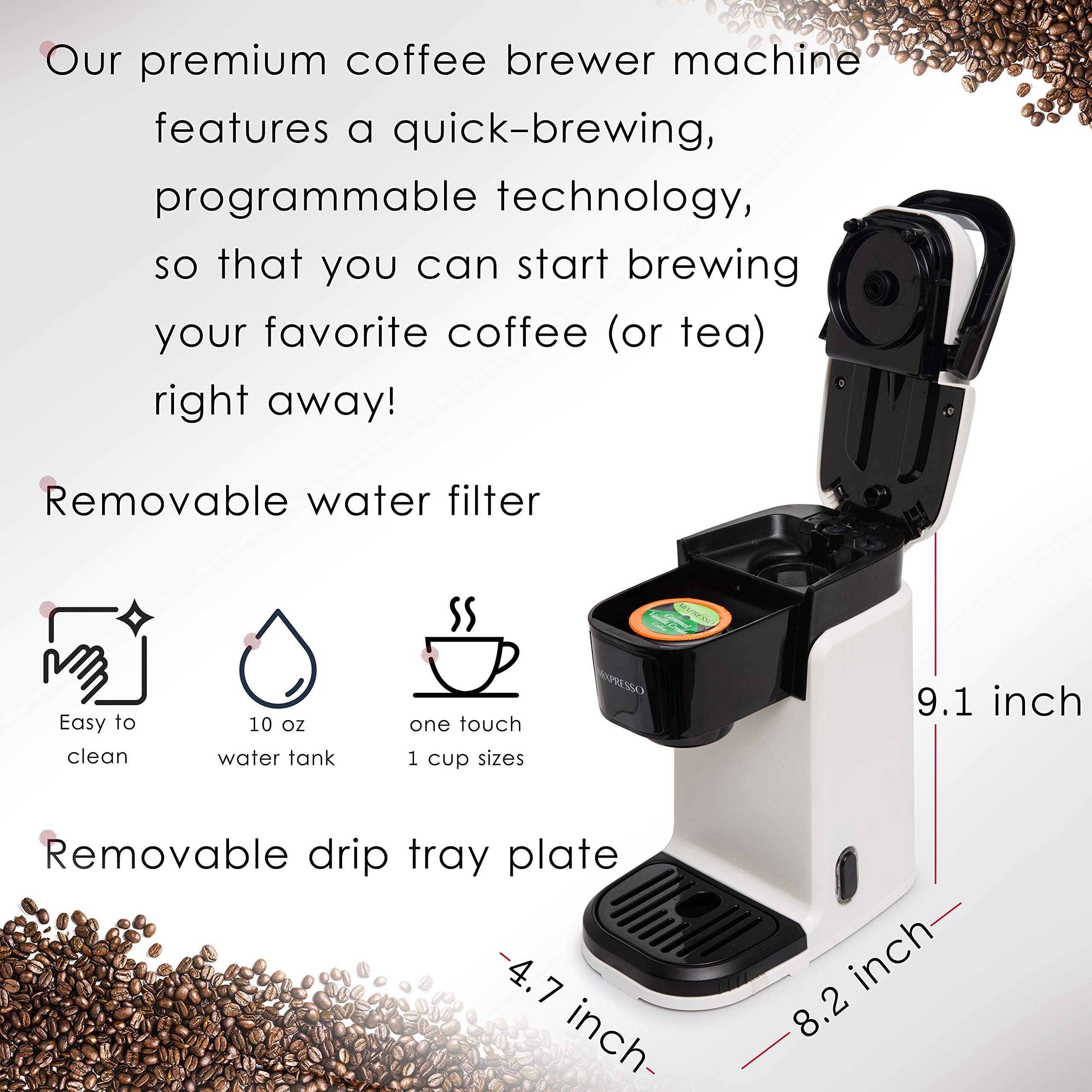 Mixpresso Single Serve Coffee Maker - 12oz Personal Coffee Brewer with Quick Brew Technology & One-Touch Function, Compatible with Single-Cup Pods - Perfect for Home, Office, or Travel Use