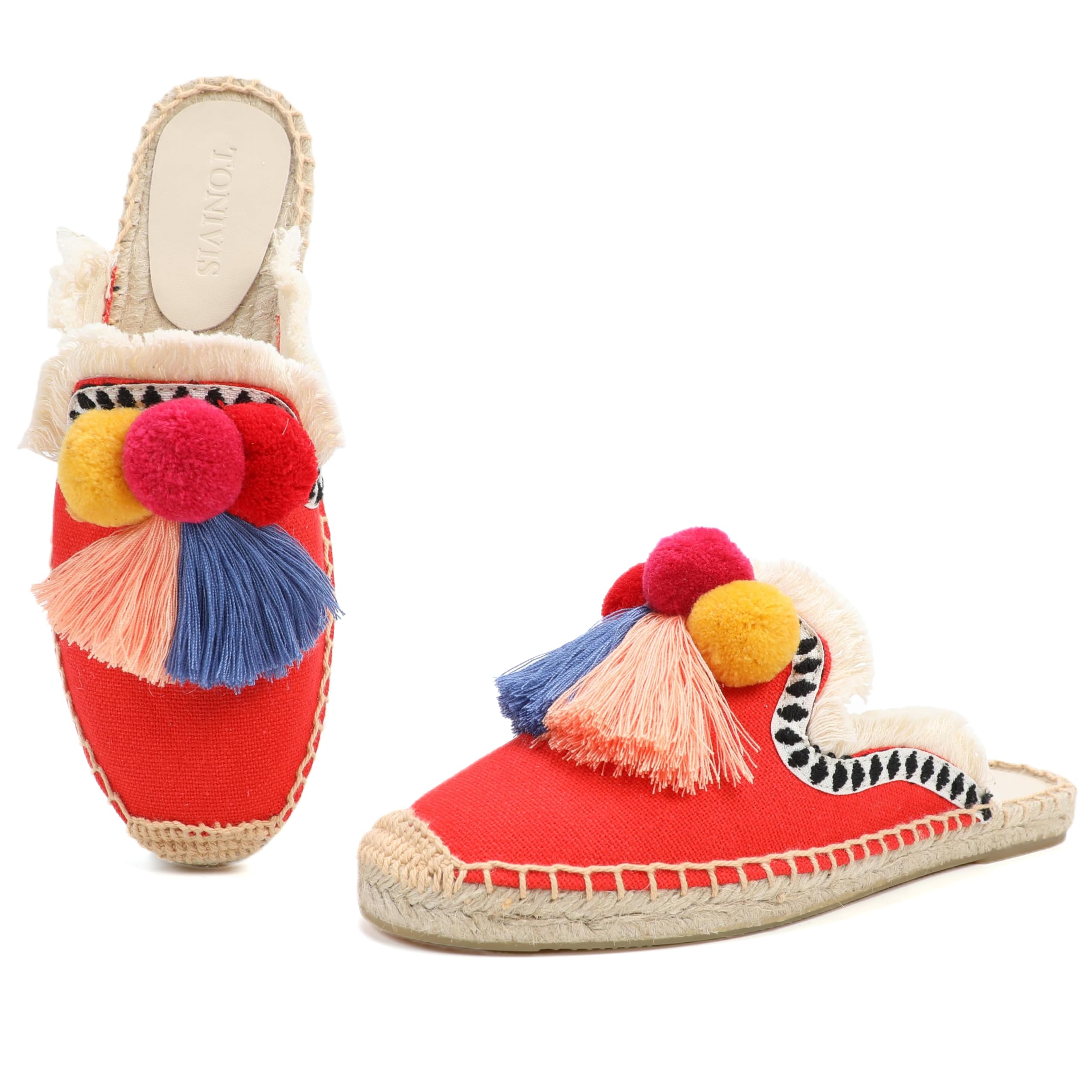 Women's Comfortable Mule Flat Shoes with Tassel & Pompom - Breathable Espadrilles Slides Backless Slippers for Summer, Beach, Casual Wear & Home Use
